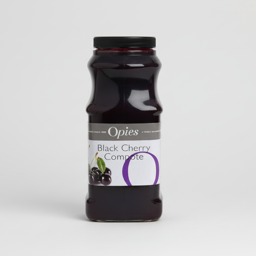 Jar of Opies Black Cherry Compote on a white background