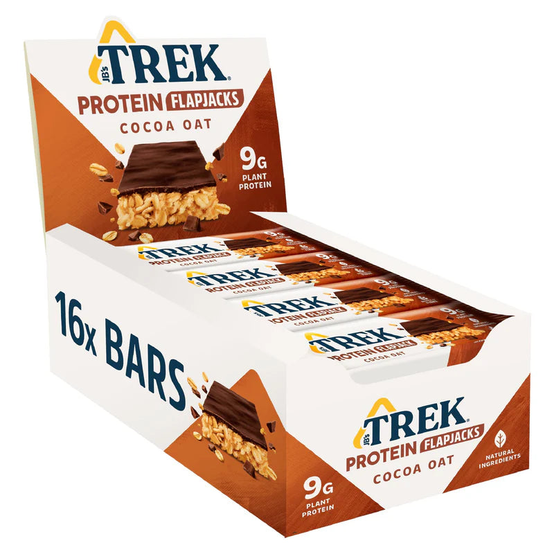 Trek Cocoa Oat Protein Flapjack – 16 × 50 g plant-based snack bars with oats and cocoa; ideal high-energy option for wholesale to cafés, gyms, and retailers