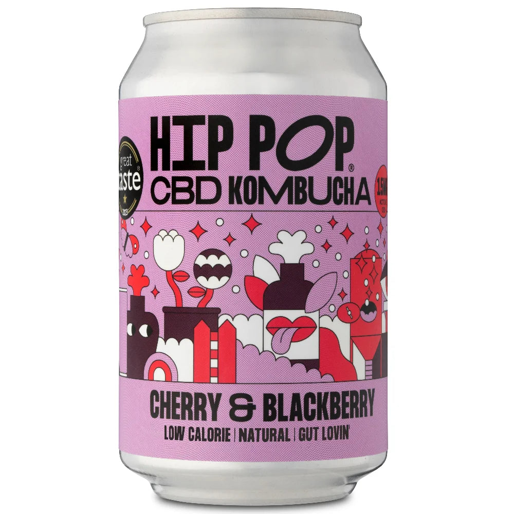 Hip Pop Cherry Blackberry CBD Kombucha – pack of 12 × 330 ml cans with cherry and blackberry kombucha infused with CBD, lightly sparkling and refreshing; ideal wholesale beverage option for cafés, juice bars, and retailers