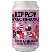 Hip Pop Cherry Blackberry CBD Kombucha – pack of 12 × 330 ml cans with cherry and blackberry kombucha infused with CBD, lightly sparkling and refreshing; ideal wholesale beverage option for cafés, juice bars, and retailers