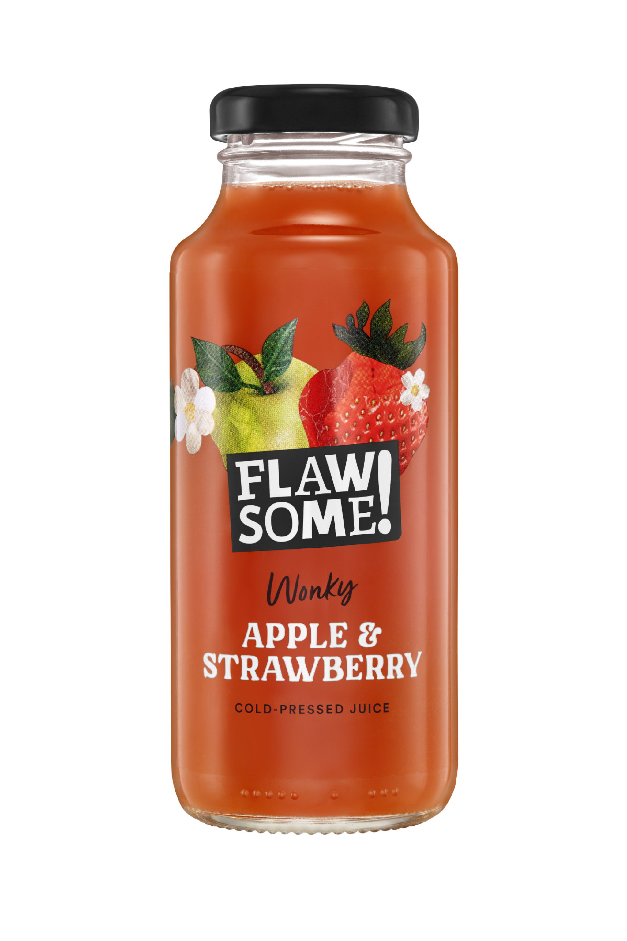 Flawsome Apple & Strawberry Juice – 12 × 250 ml cold-pressed blend of crisp apple and ripe strawberry; ideal for wholesale to cafés, juice bars, and retailers