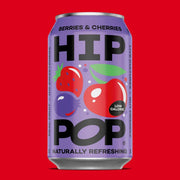 Hip Pop Berries & Cherries Soda – pack of 12 × 330 ml cans bursting with mixed berry and cherry flavors in a fizzy, refreshing soda; ideal wholesale beverage supply for cafés, restaurants, and retailers