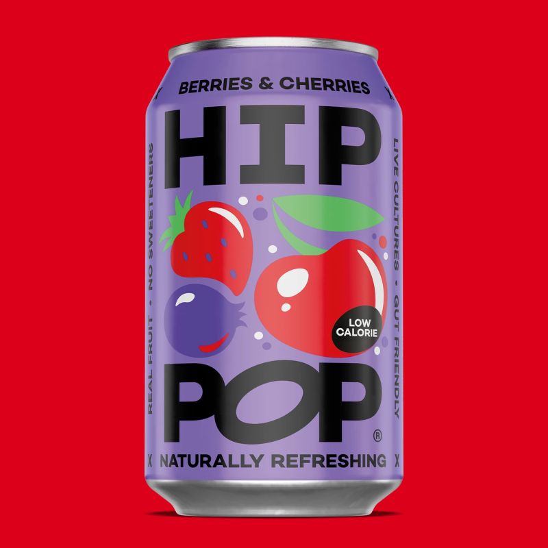 Hip Pop Berries & Cherries Soda – pack of 12 × 330 ml cans bursting with mixed berry and cherry flavors in a fizzy, refreshing soda; ideal wholesale beverage supply for cafés, restaurants, and retailers