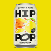 Hip Pop Ginger Yuzu Kombucha – pack of 12 × 330 ml cans featuring spicy ginger and tangy Japanese yuzu in a light, naturally sparkling fermented drink; ideal wholesale beverage option for cafés, juice bars, and retailers