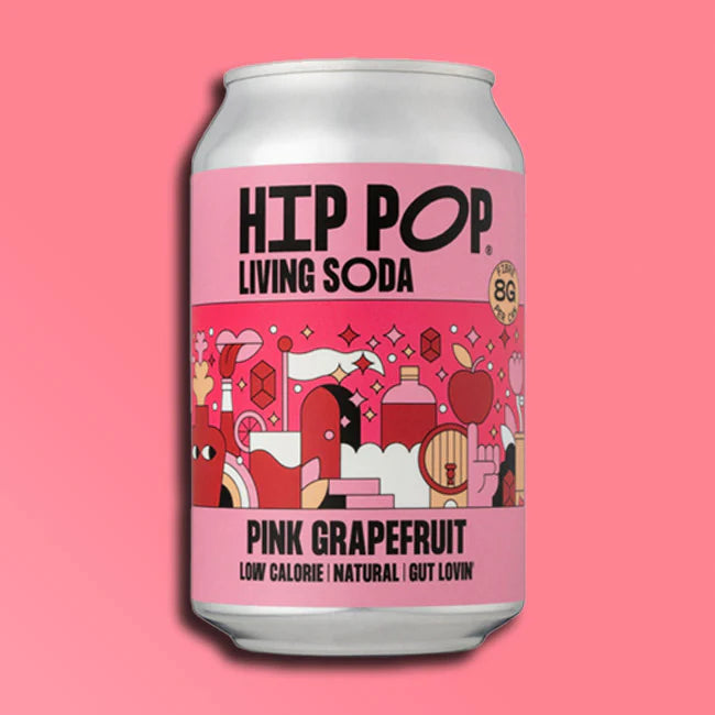 Hip Pop Pink Grapefruit Soda – pack of 12 × 330 ml cans with zesty pink grapefruit flavor and light effervescence, perfect wholesale beverage supply for cafés, restaurants, and retailers