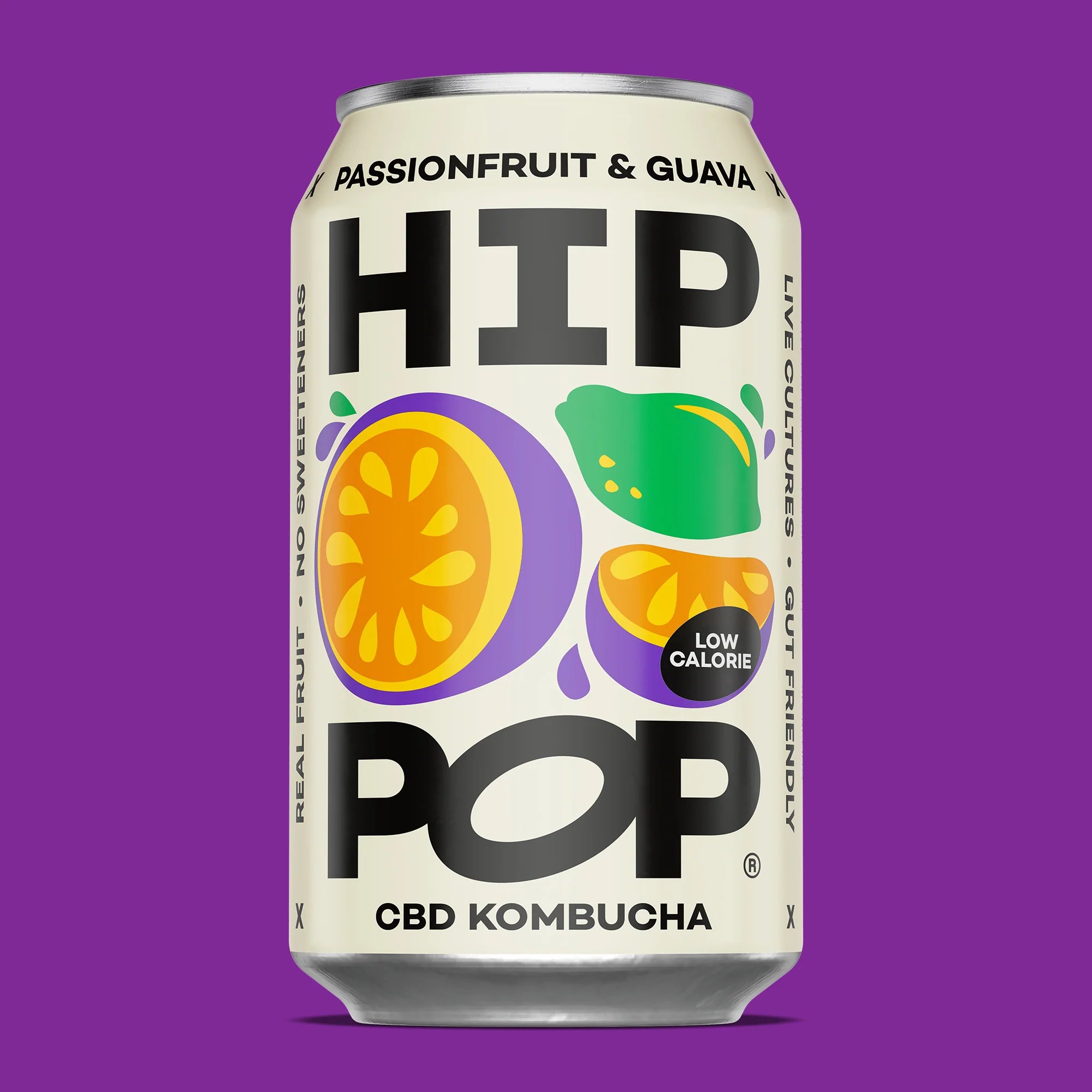 Hip Pop Passionfruit & Guava CBD Kombucha – pack of 12 × 330 ml cans featuring tropical passionfruit and guava flavors blended with a light fizzy CBD kombucha; perfect wholesale beverage option for cafés, juice bars, and retailers