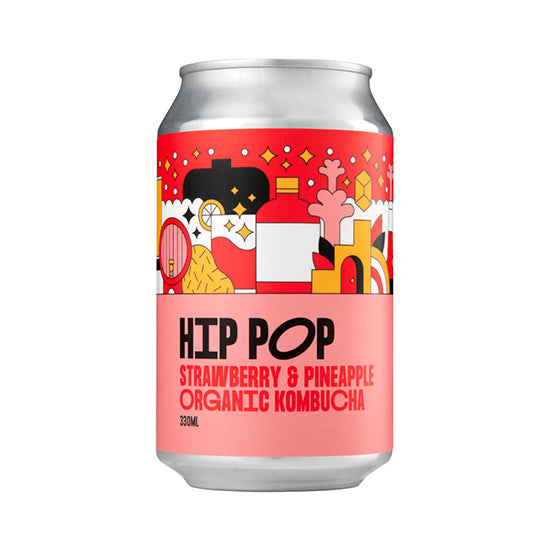 Hip Pop Strawberry Pineapple Kombucha – pack of 12 × 330 ml cans blending juicy strawberry and tropical pineapple in a light, naturally sparkling fermented drink; ideal wholesale beverage option for cafés, juice bars, and retailers