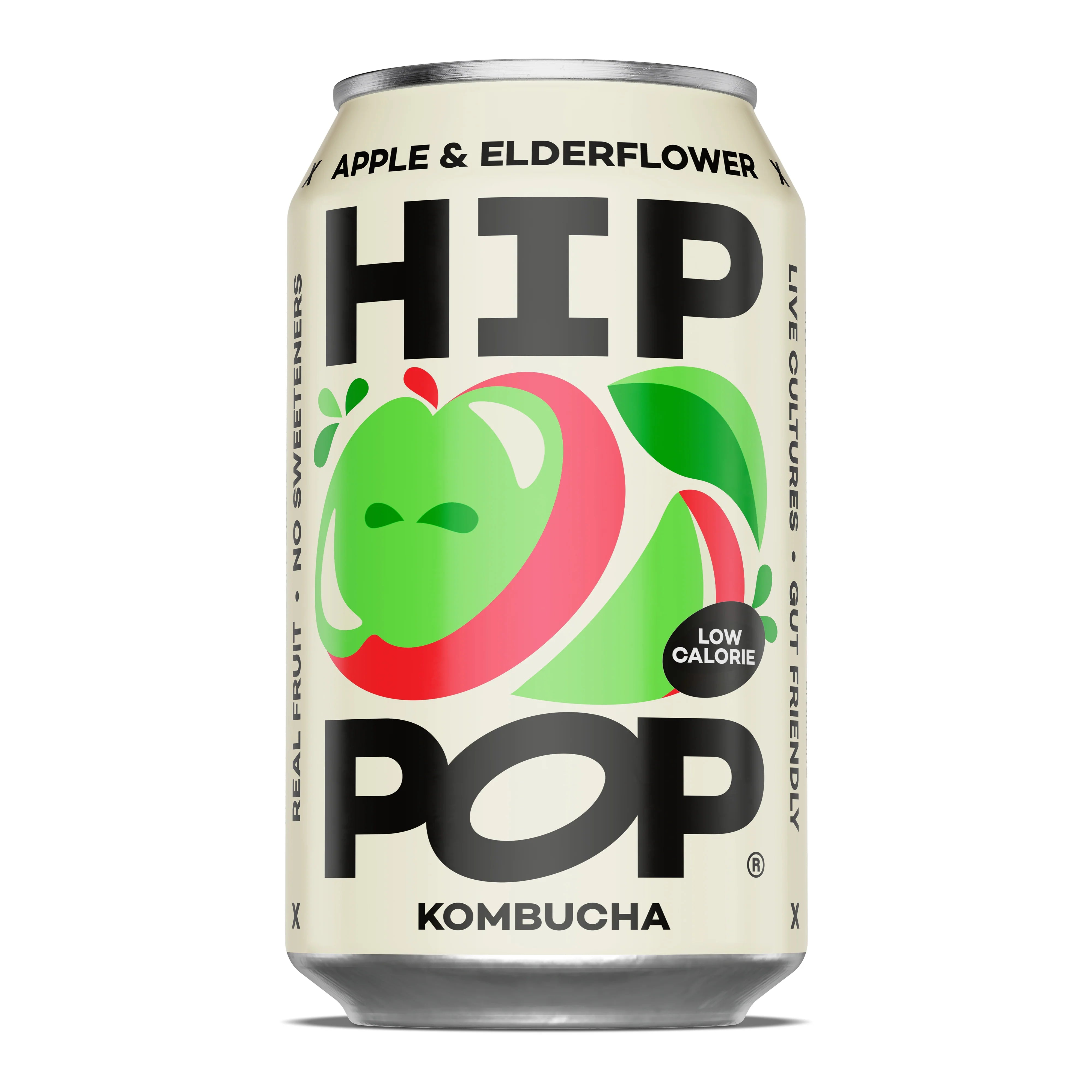Hip Pop Apple & Elderflower Kombucha – pack of 12 × 330 ml cans featuring crisp apple and delicate elderflower flavors in a light, sparkling fermented drink; perfect wholesale beverage option for cafés, juice bars, and retailers