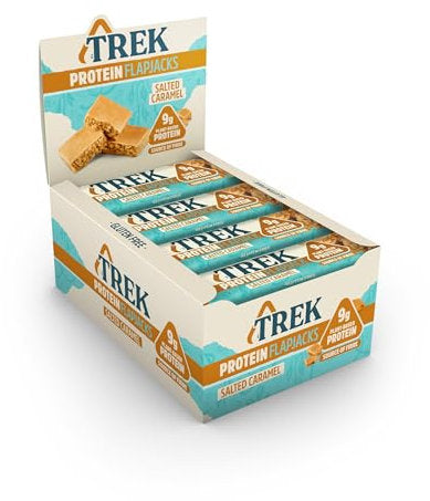 Trek Salted Caramel Protein Flapjack – 16 × 50 g plant-based oat bars with creamy salted caramel flavor; perfect high-energy snack for cafés, gyms, and retailers