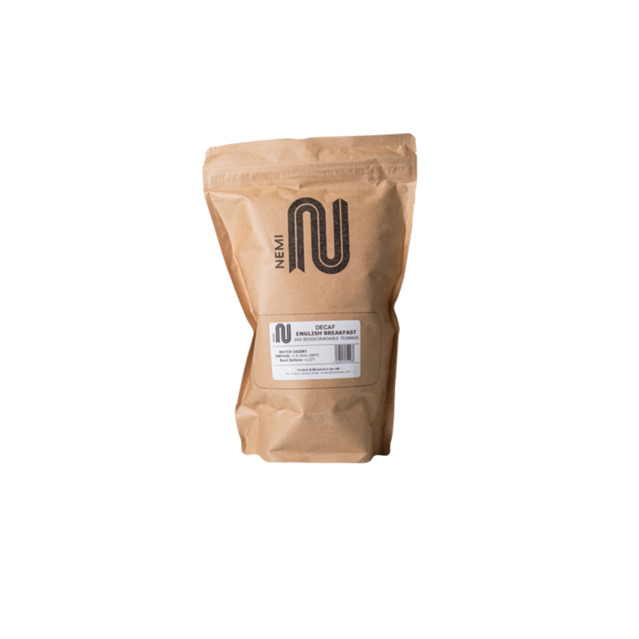 Nemi Decaf English Breakfast Teabags – bulk pack of 200 full-bodied, decaffeinated black tea bags offering the classic English Breakfast flavour; perfect for cafés, hotels, restaurants, and wholesale menus