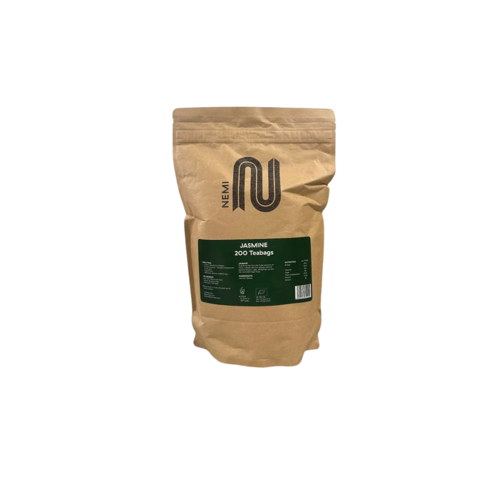 Nemi Jasmine Teabags – bulk pack of 200 delicately scented green tea bags infused with fragrant jasmine flowers; ideal for high-volume service in cafés, restaurants, hotels, and wholesale tea menus