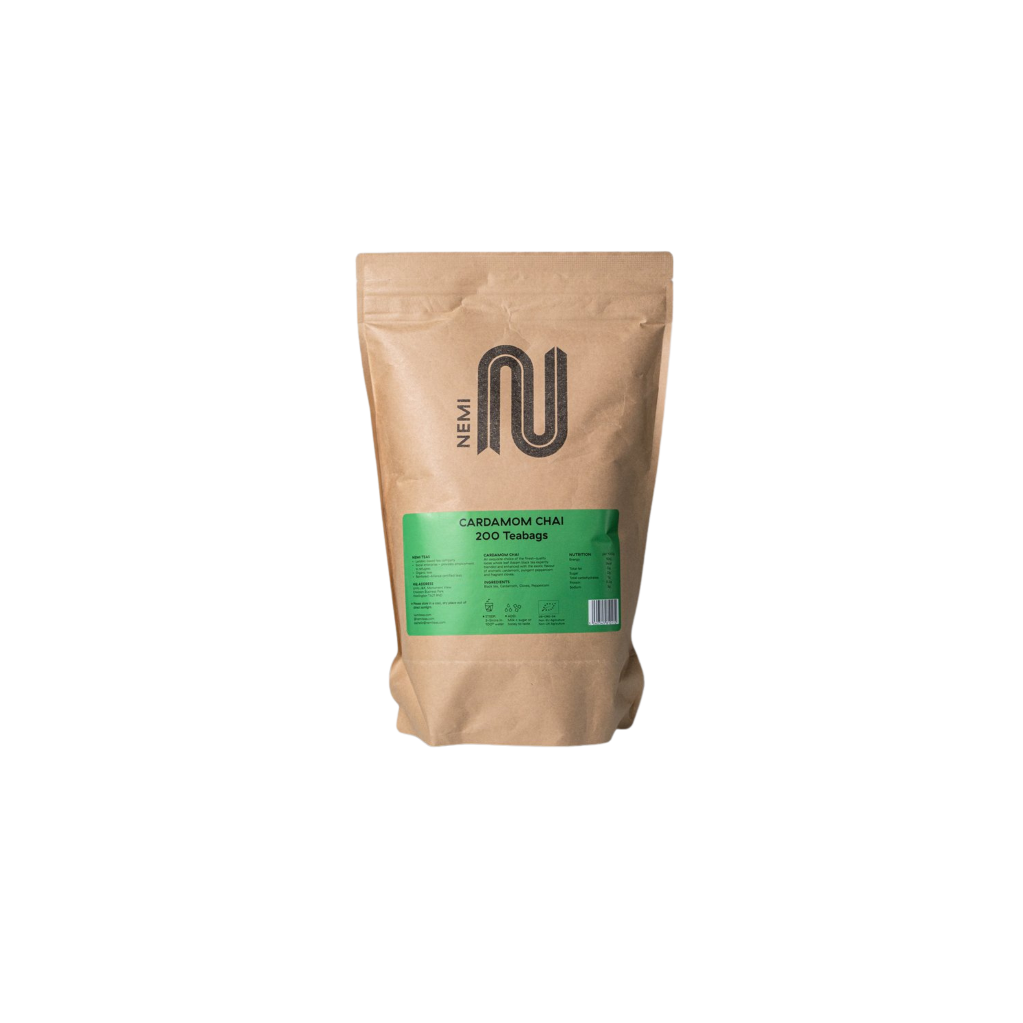 Nemi Cardamom Chai Teabags – bulk pack of 200 fragrant chai tea bags infused with aromatic cardamom and warming spices; perfect for high-volume service in cafés, restaurants, hotels, and wholesale menus
