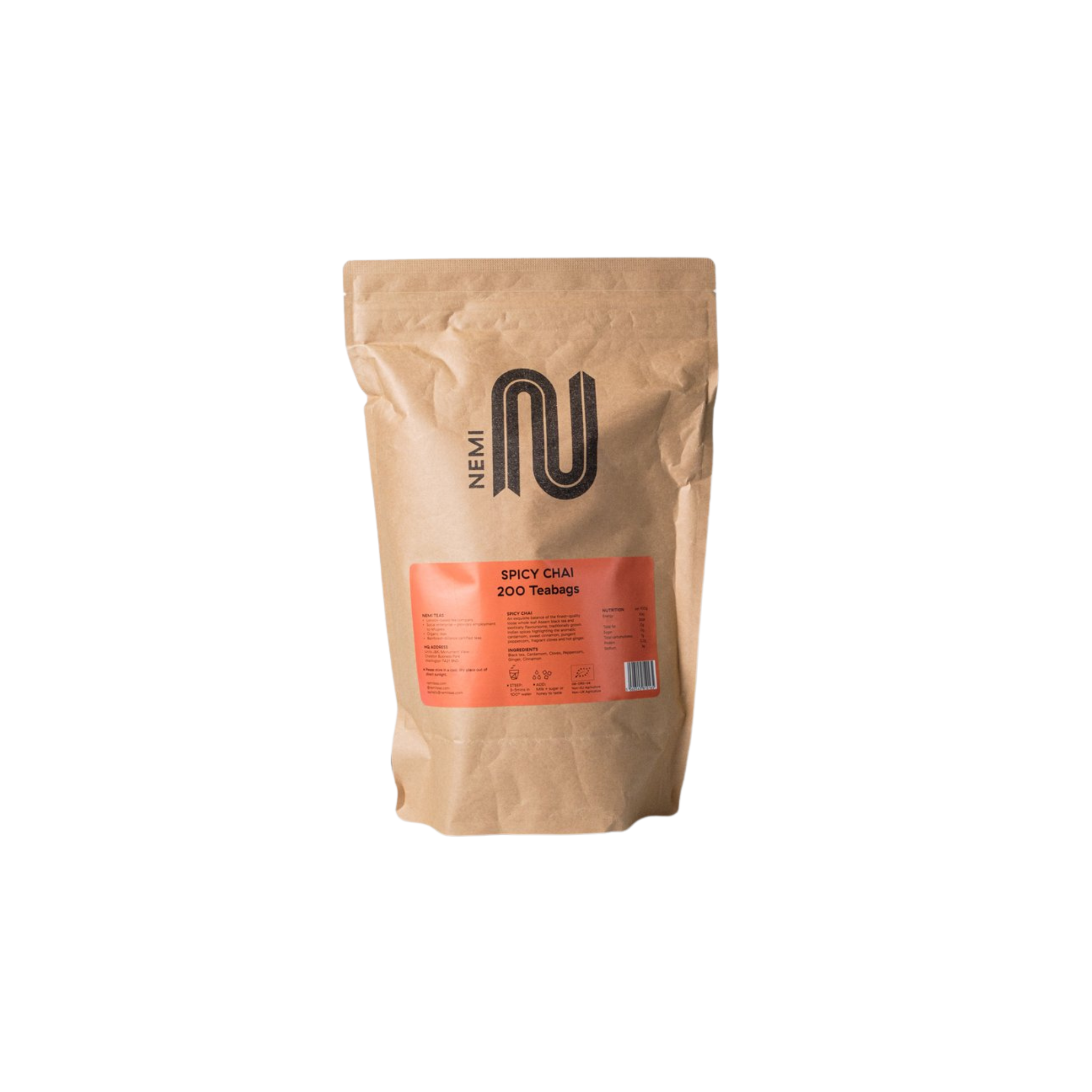Nemi Spicy Chai Teabags – bulk pack of 200 bold and aromatic chai tea bags infused with warming spices; ideal for high-volume service in cafés, restaurants, hotels, and wholesale menus