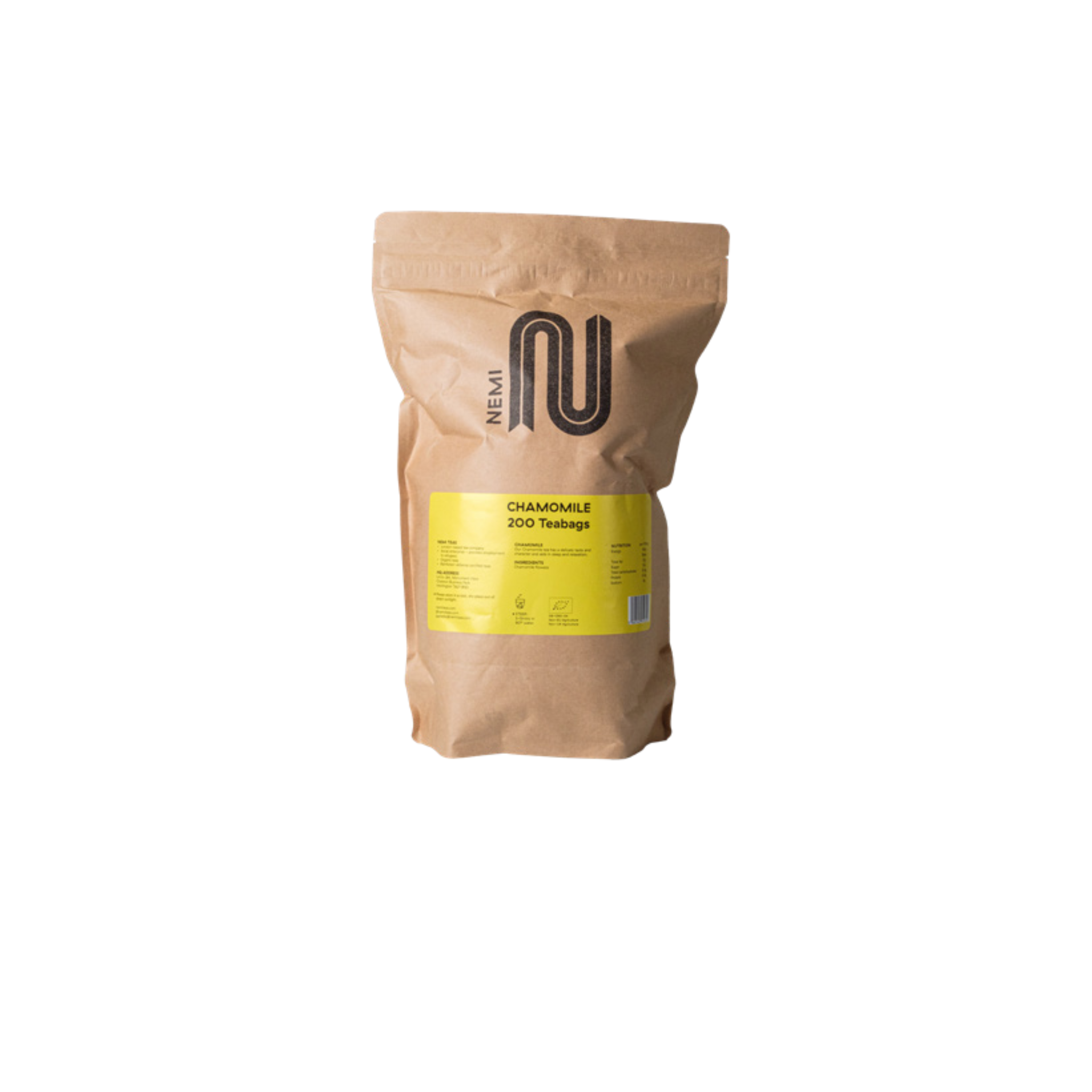 Nemi Chamomile Teabags – bulk pack of 200 soothing and caffeine-free herbal tea bags made with calming chamomile flowers; ideal for cafés, restaurants, hotels, and wholesale wellness menus