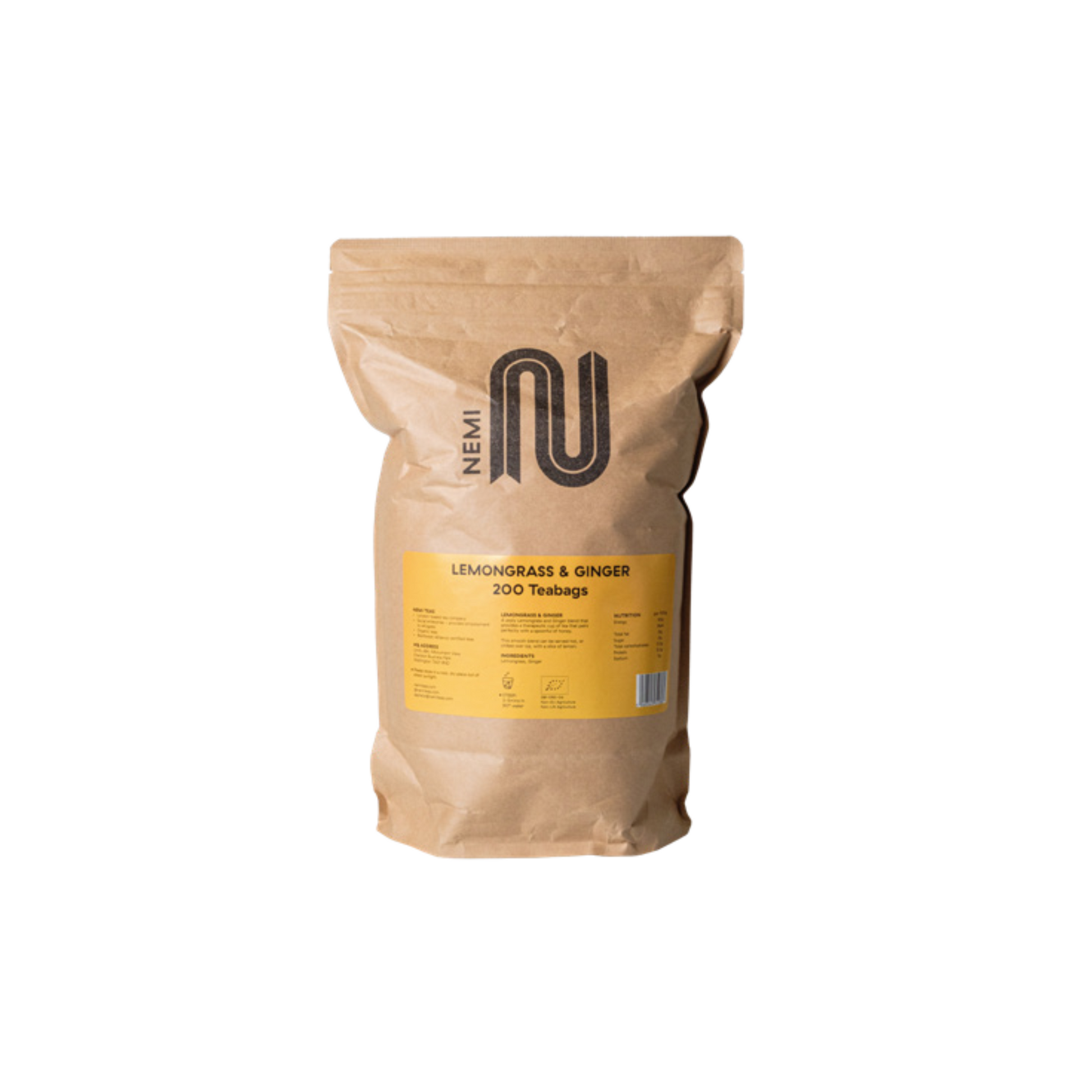 Nemi Lemongrass Ginger Teabags – bulk pack of 200 herbal tea bags blending zesty lemongrass and warming ginger; perfect for wellness-focused service in cafés, restaurants, hotels, and wholesale menus
