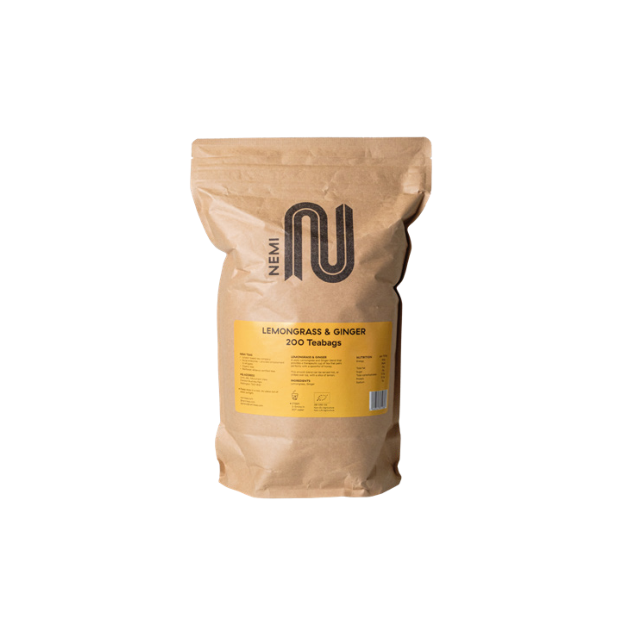 Nemi Lemongrass Ginger Teabags – bulk pack of 200 herbal tea bags blending zesty lemongrass and warming ginger; perfect for wellness-focused service in cafés, restaurants, hotels, and wholesale menus