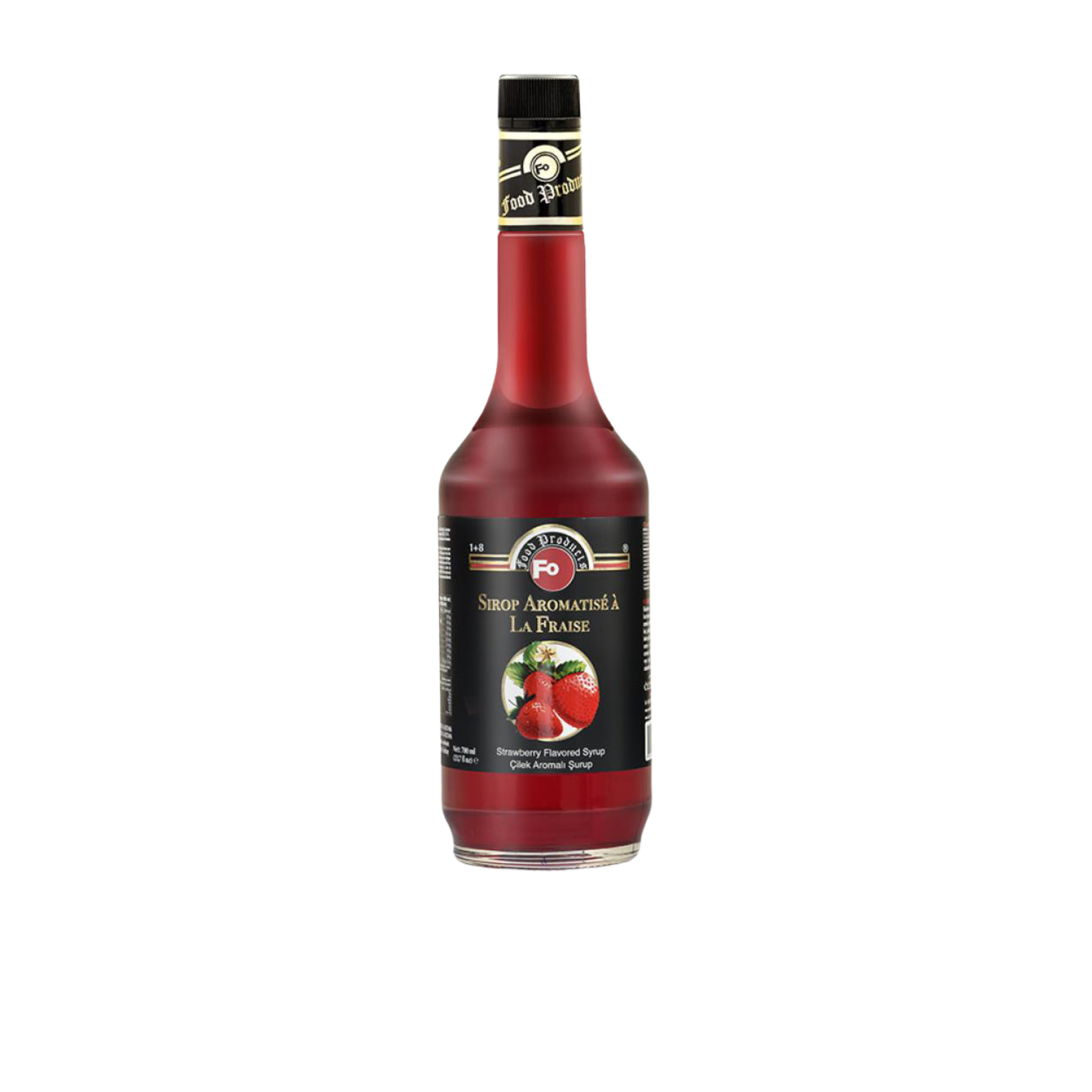Fo Strawberry Syrup – 700 ml bottle of sweet and fruity strawberry-flavoured syrup; ideal for flavouring milkshakes, lemonades, cocktails, and desserts in cafés, restaurants, and wholesale menus