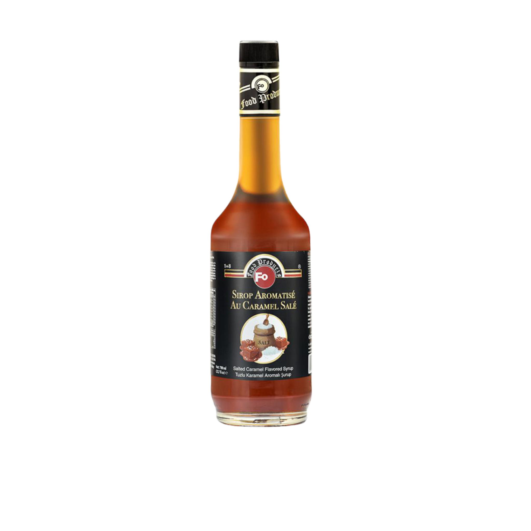 Fo Salted Caramel Syrup – 700 ml bottle of rich and buttery caramel flavour with a hint of sea salt; ideal for flavouring coffees, lattes, milkshakes, and desserts in cafés, restaurants, and wholesale menus