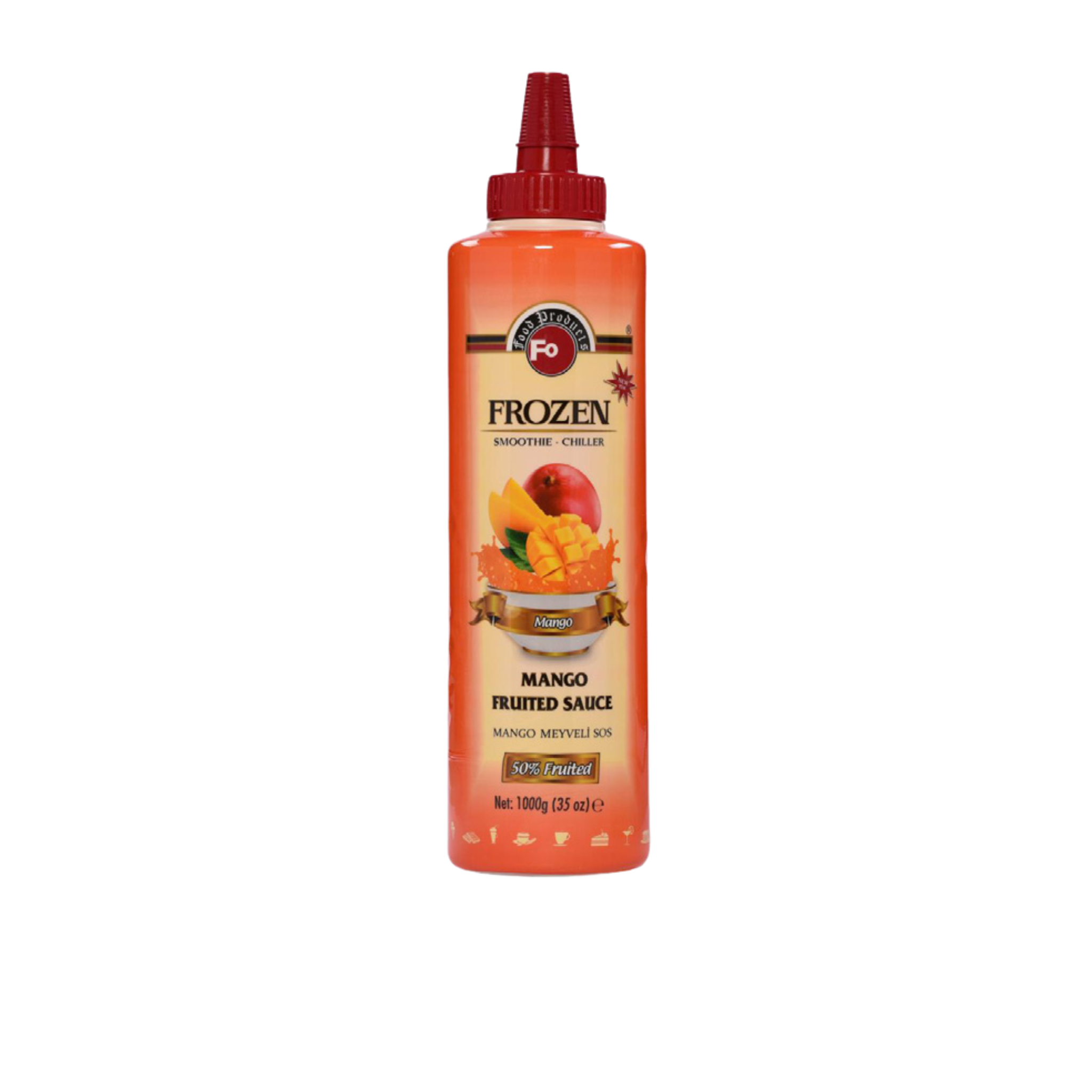 Fo Mango Fruited Sauce – 700 ml bottle of sweet and tropical mango-flavoured sauce made with real fruit; ideal for topping desserts, ice creams, waffles, and exotic drinks in cafés, restaurants, and wholesale menus
