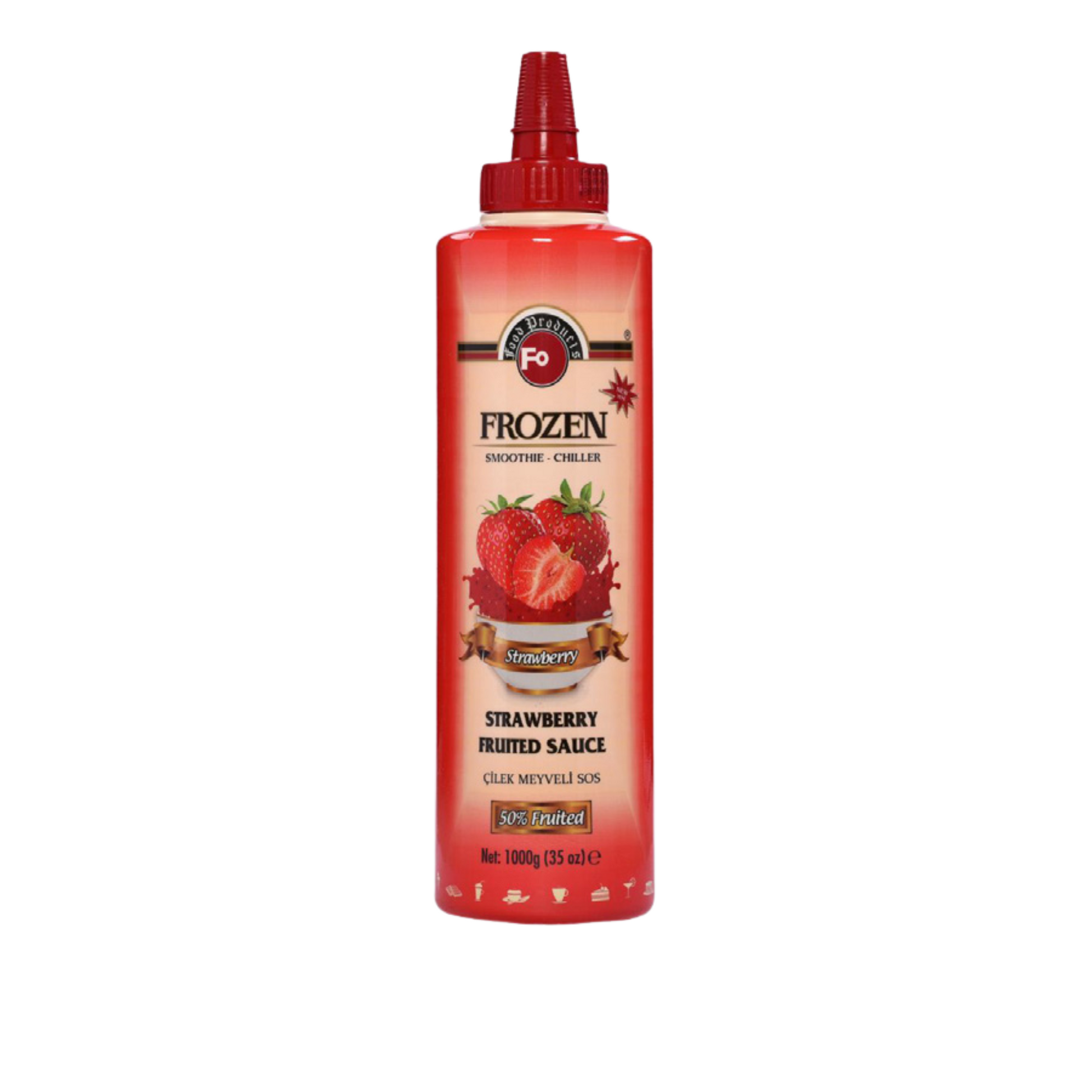 Fo Strawberry Fruited Sauce – 700 ml bottle of sweet and fruity strawberry sauce made with real fruit; perfect for topping ice creams, pancakes, waffles, desserts, and drinks in cafés, restaurants, and wholesale menus