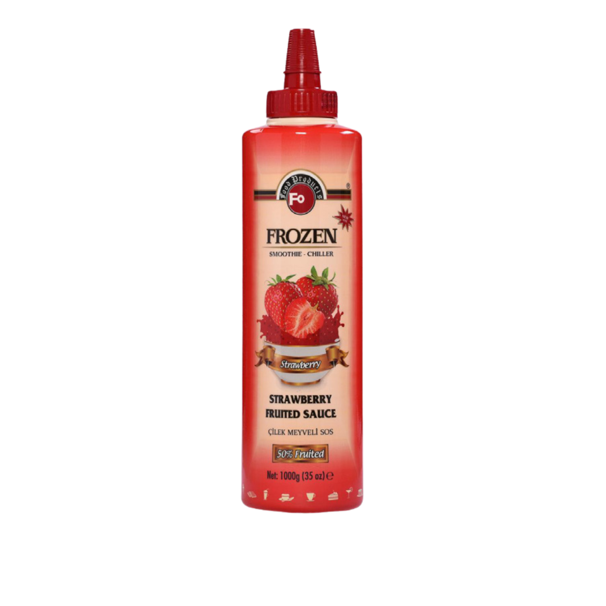 Fo Strawberry Fruited Sauce – 700 ml bottle of sweet and fruity strawberry sauce made with real fruit; perfect for topping ice creams, pancakes, waffles, desserts, and drinks in cafés, restaurants, and wholesale menus
