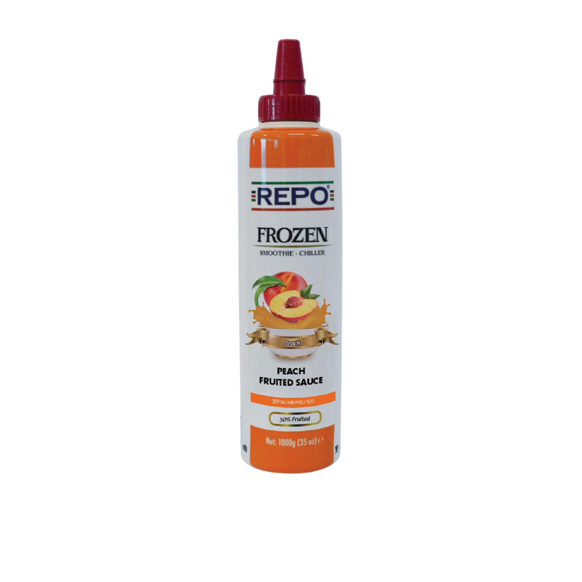 Repo Peach Fruited Sauce – 700 ml bottle of juicy and fragrant peach-flavoured sauce made with real fruit; perfect for topping desserts, waffles, ice creams, and drinks in cafés, restaurants, and wholesale food service