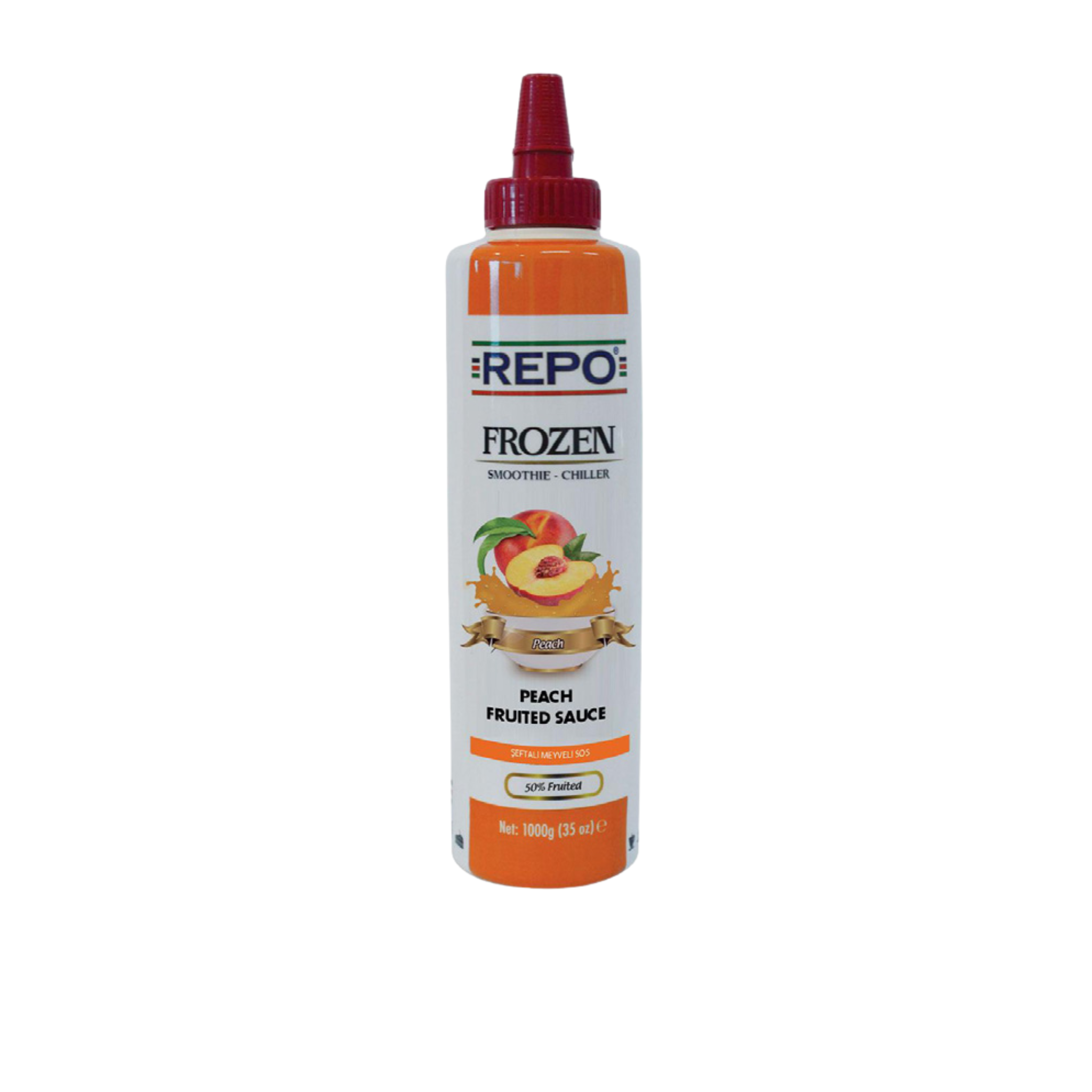 Repo Peach Fruited Sauce – 700 ml bottle of juicy and fragrant peach-flavoured sauce made with real fruit; perfect for topping desserts, waffles, ice creams, and drinks in cafés, restaurants, and wholesale food service