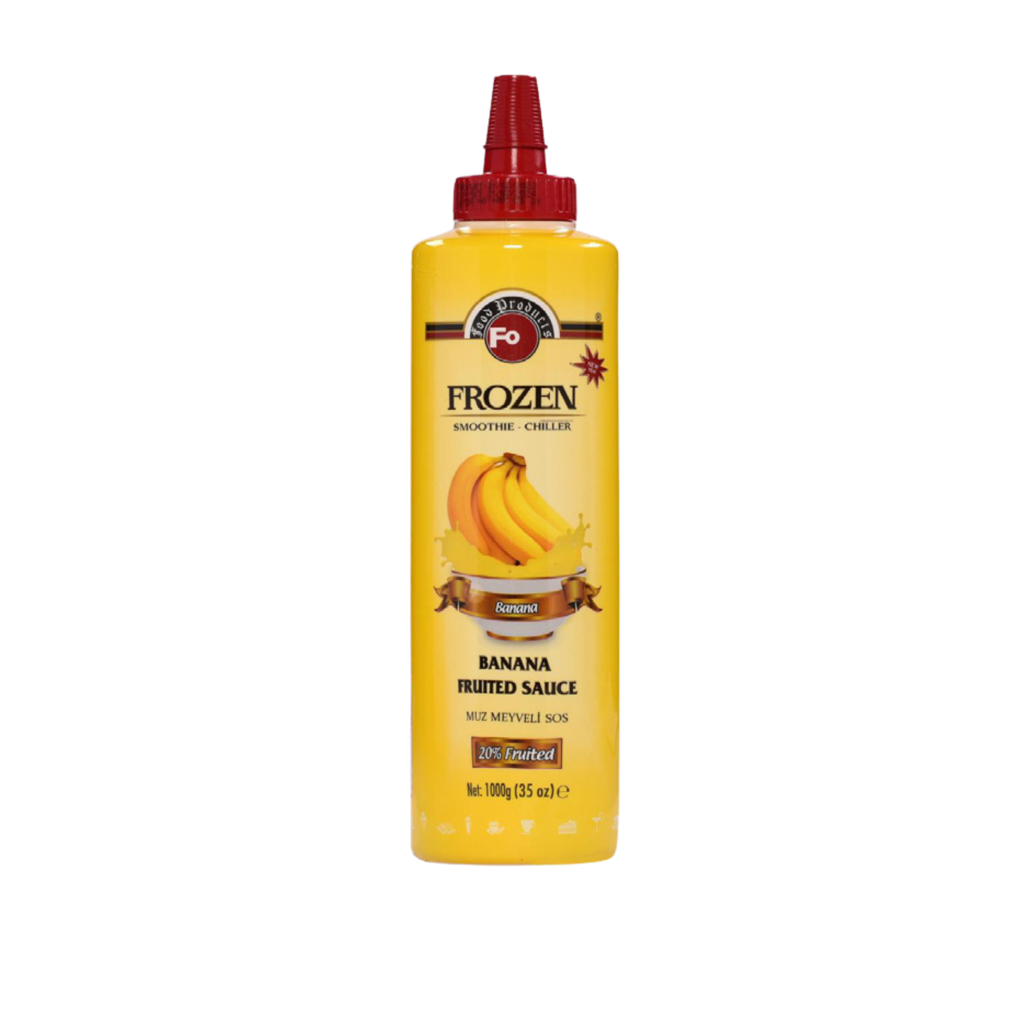Fo Banana Fruited Sauce – 700 ml bottle of sweet and fruity banana sauce made with real fruit content; perfect for topping desserts, waffles, ice creams, and beverages in cafés, restaurants, and wholesale service