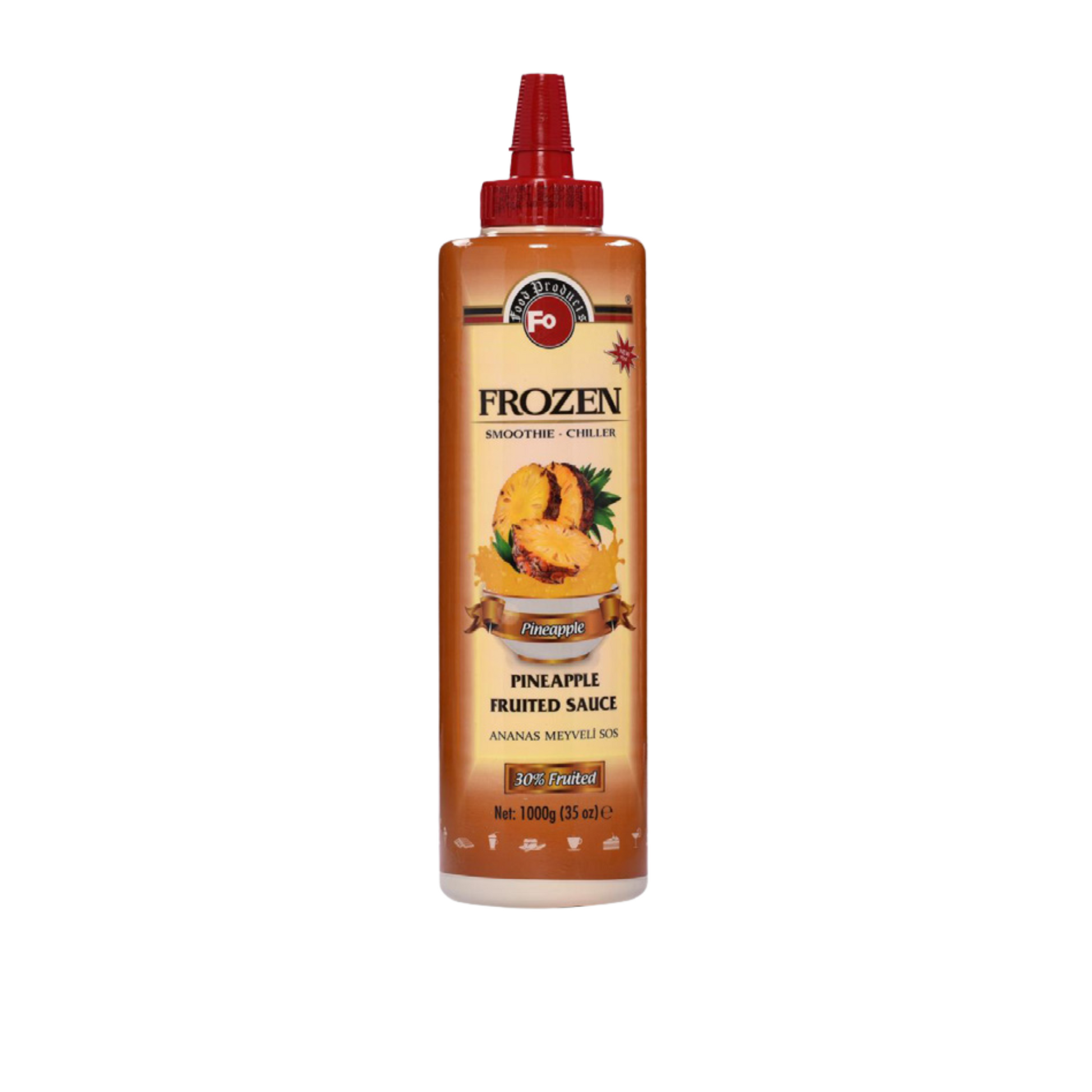 Fo Pineapple Fruited Sauce – 700 ml bottle of bright and tangy pineapple-flavoured sauce made with real fruit; ideal for topping desserts, ice creams, pancakes, and tropical beverages in cafés, restaurants, and wholesale menus