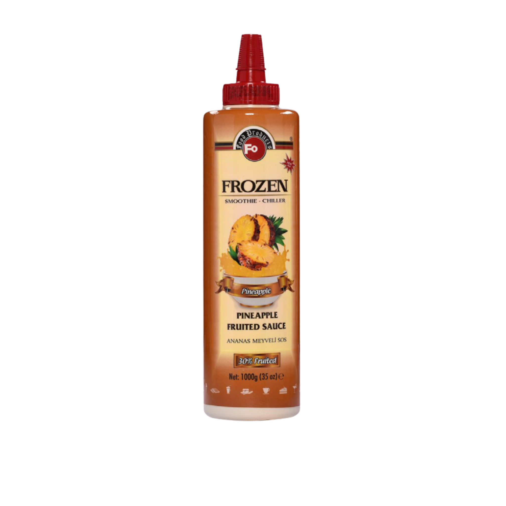 Fo Pineapple Fruited Sauce – 700 ml bottle of bright and tangy pineapple-flavoured sauce made with real fruit; ideal for topping desserts, ice creams, pancakes, and tropical beverages in cafés, restaurants, and wholesale menus