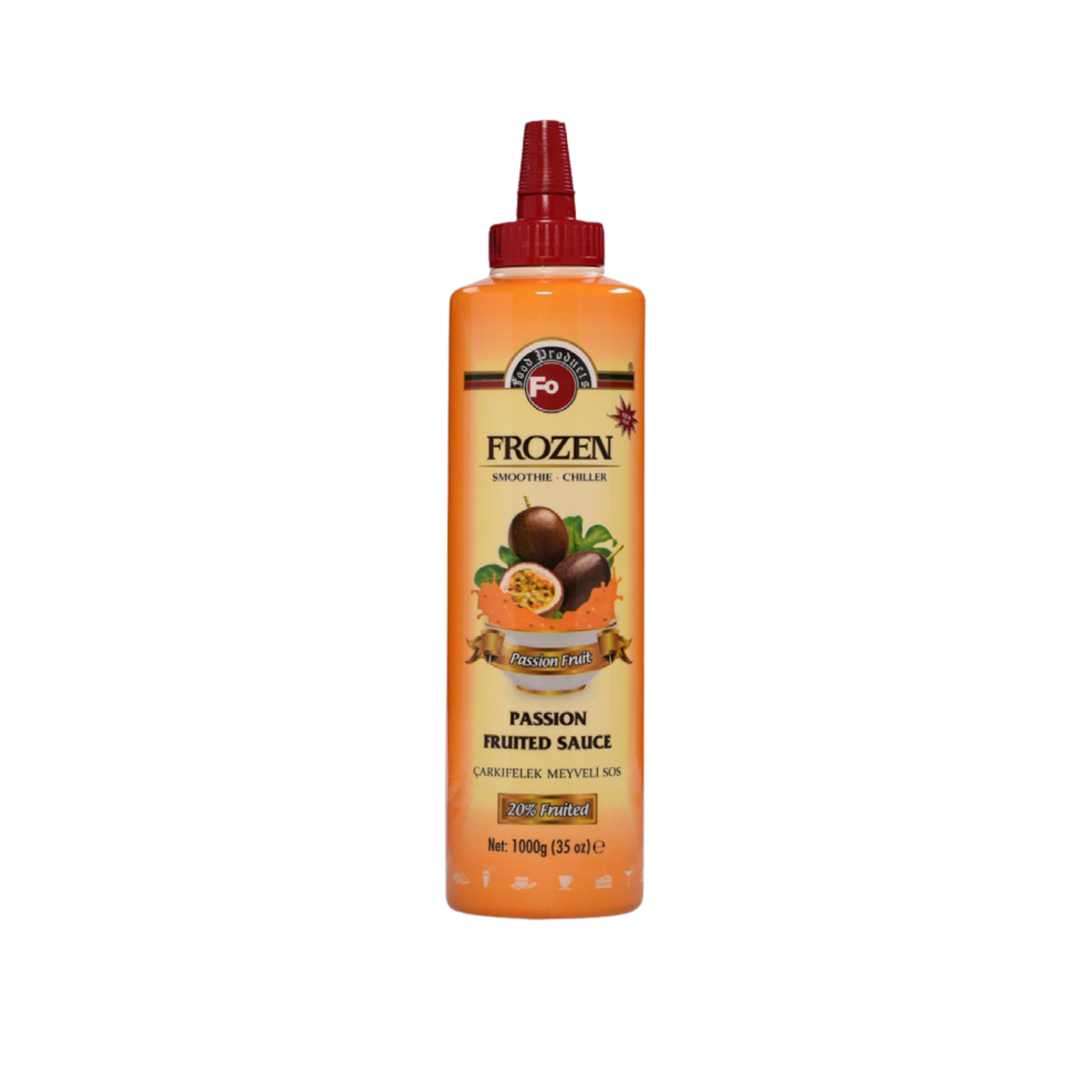 Fo Passion Fruited Sauce – 700 ml bottle of tangy and exotic passion fruit-flavoured sauce made with real fruit; perfect for topping desserts, ice creams, waffles, and tropical drinks in cafés, restaurants, and wholesale menus