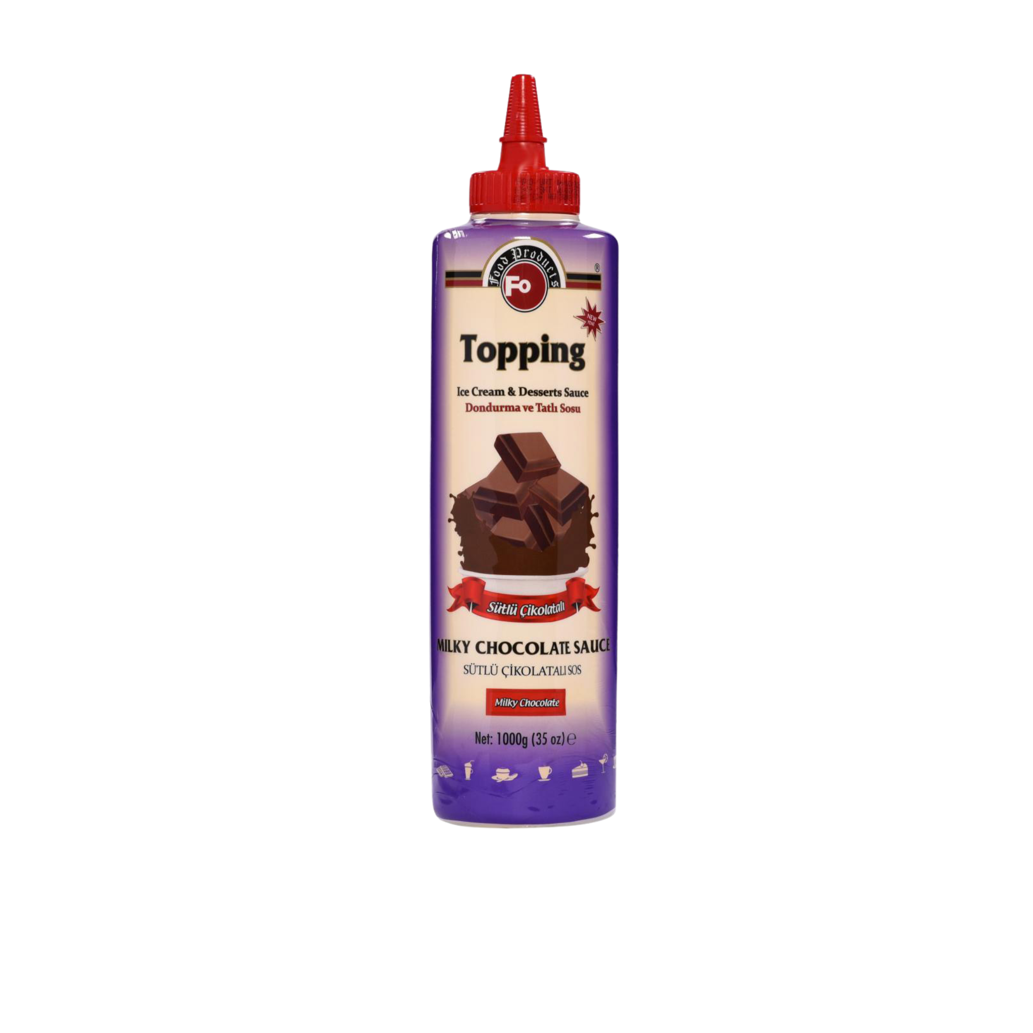 Fo Milky Chocolate Topping Sauce – 700 ml bottle of smooth and creamy milk chocolate sauce; ideal for topping desserts, ice creams, waffles, pancakes, and hot drinks in cafés, restaurants, and wholesale menus