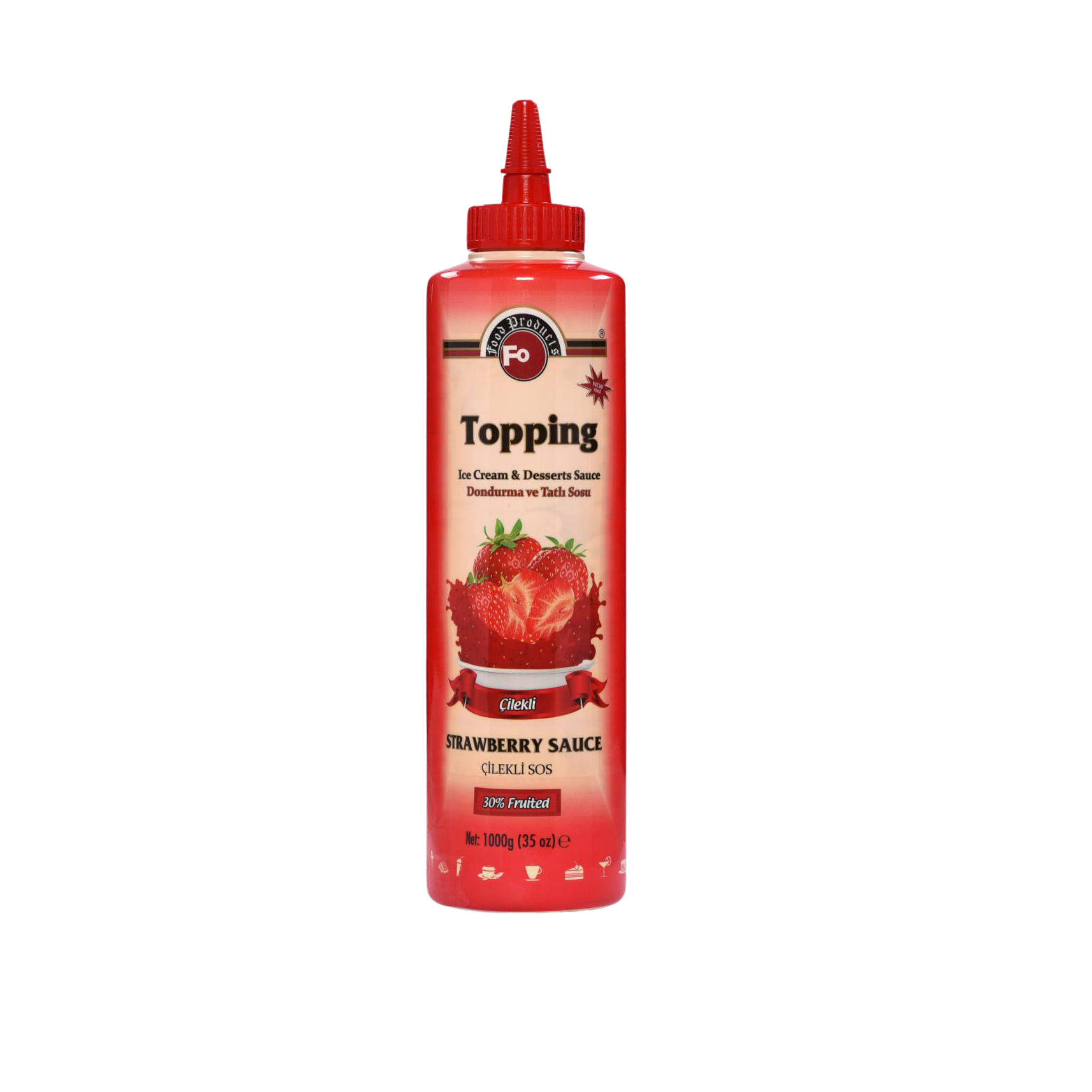 Fo Strawberry Topping Sauce – 700 ml bottle of sweet and fruity strawberry sauce; perfect for topping desserts, pancakes, waffles, ice cream, and beverages in cafés, restaurants, and wholesale food service
