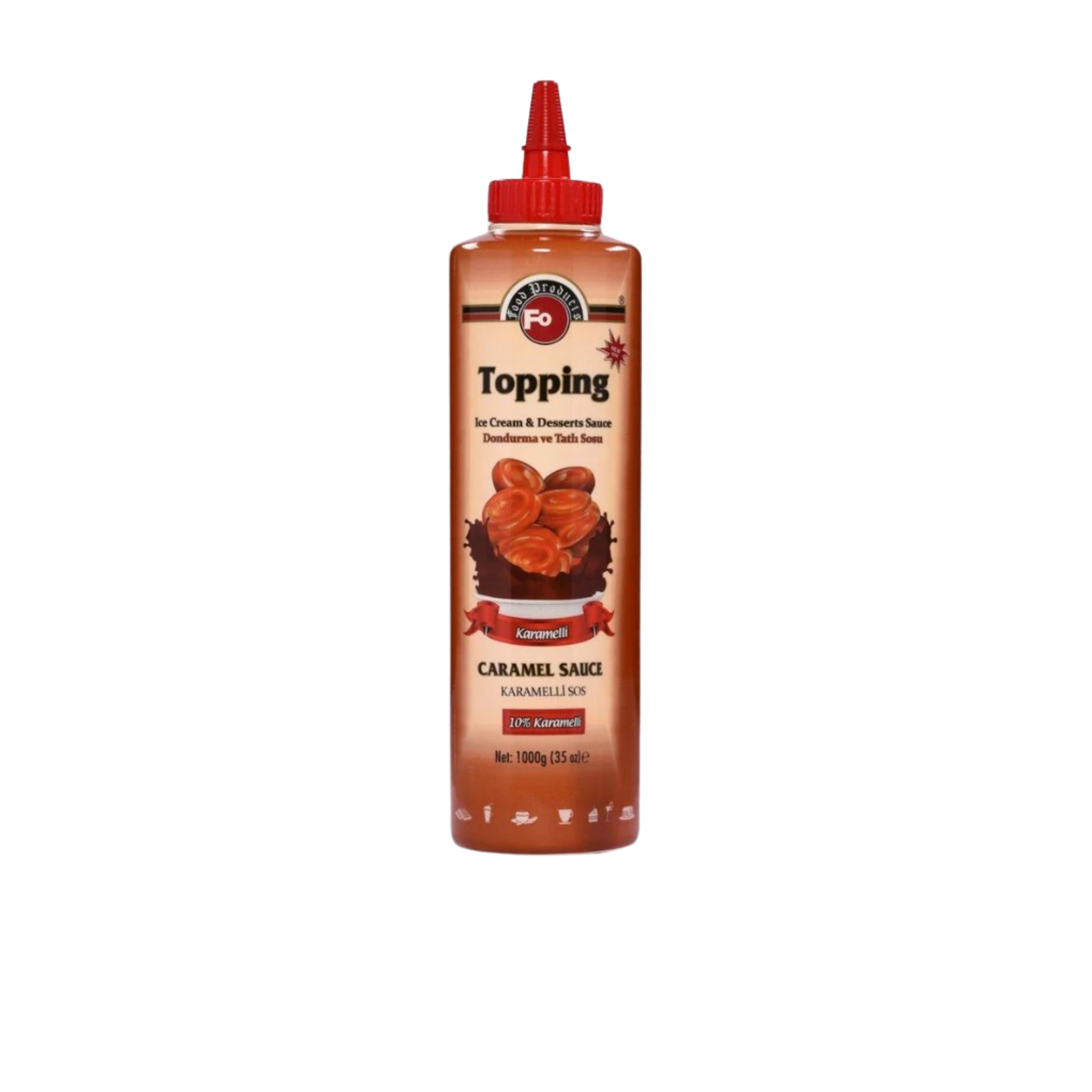 Fo Caramel Topping Sauce – 700 ml bottle of rich, buttery caramel sauce; ideal for topping desserts, ice cream, pancakes, and specialty drinks in cafés, restaurants, and wholesale food service