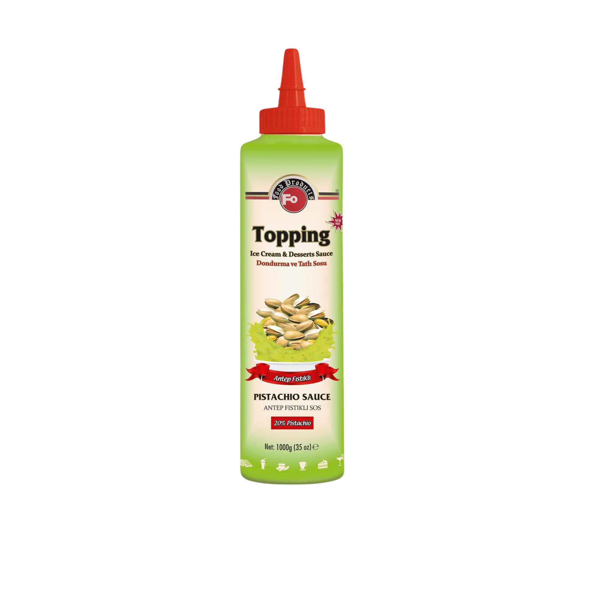 Fo 5% Pistachio Topping Sauce – 700 ml bottle of rich and creamy pistachio-flavoured sauce with 5% real pistachio; perfect for topping desserts, ice creams, waffles, and café-style drinks in wholesale food service