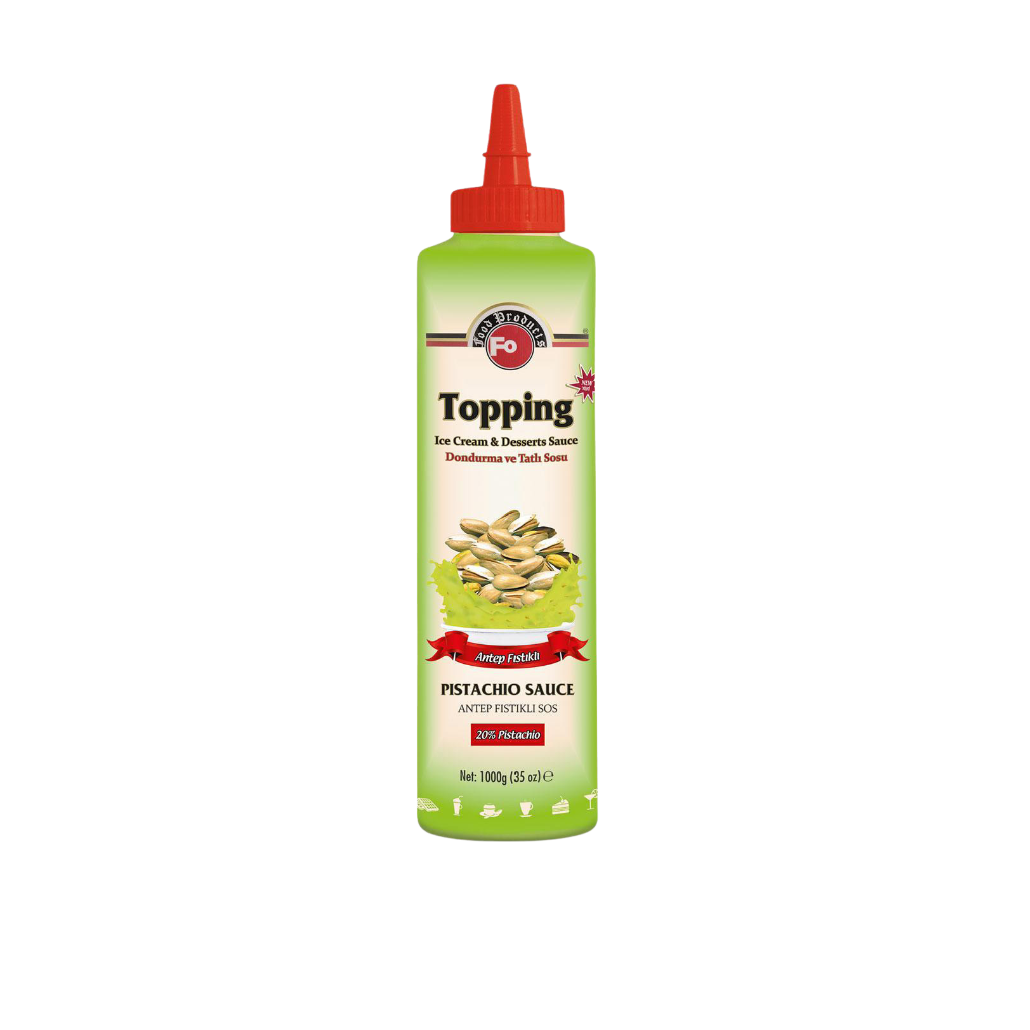 Fo 5% Pistachio Topping Sauce – 700 ml bottle of rich and creamy pistachio-flavoured sauce with 5% real pistachio; perfect for topping desserts, ice creams, waffles, and café-style drinks in wholesale food service