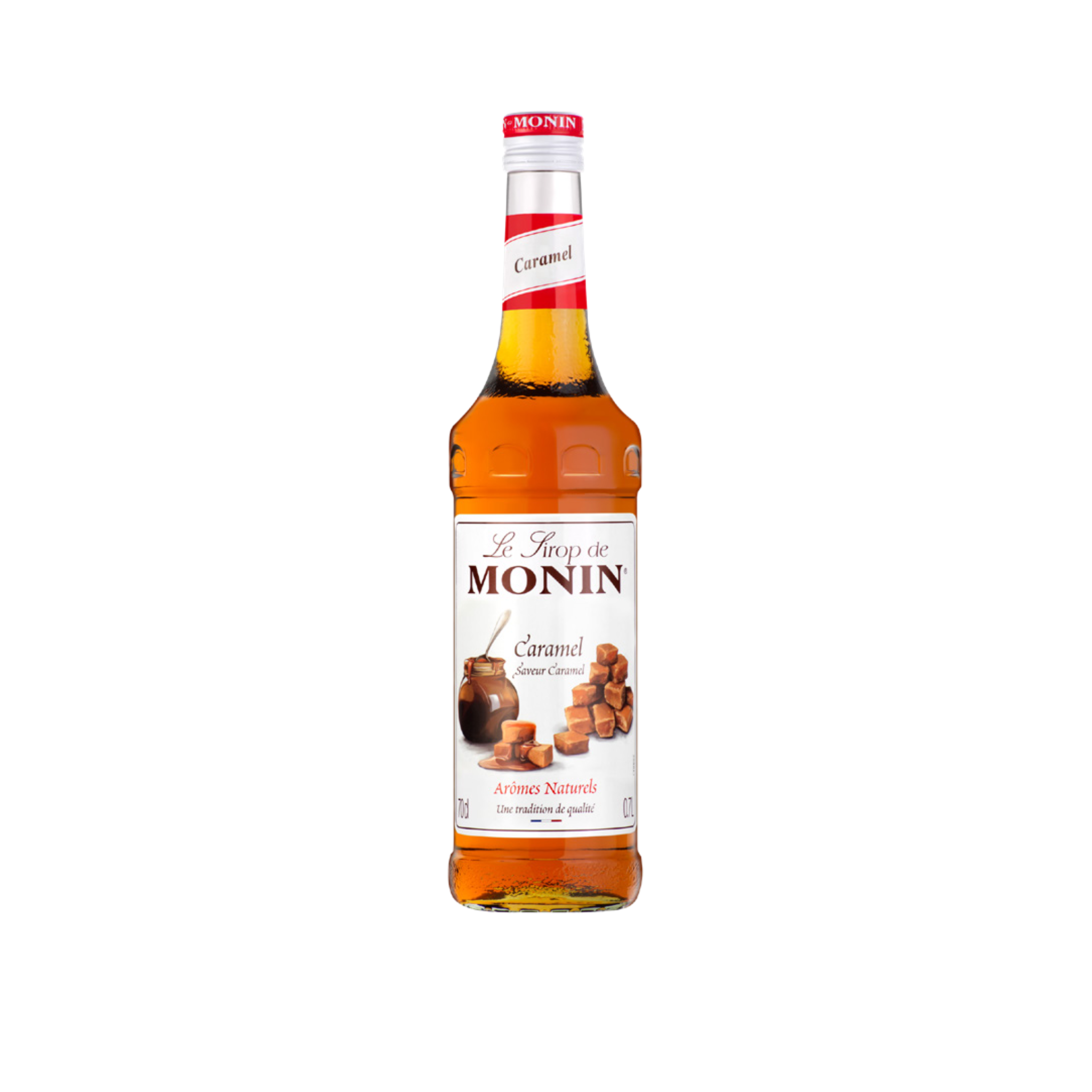 Monin Caramel Syrup – 70 ml mini bottle of rich, buttery caramel-flavoured syrup; ideal for flavouring coffees, lattes, desserts, and cocktails in cafés, bars, and wholesale beverage menus