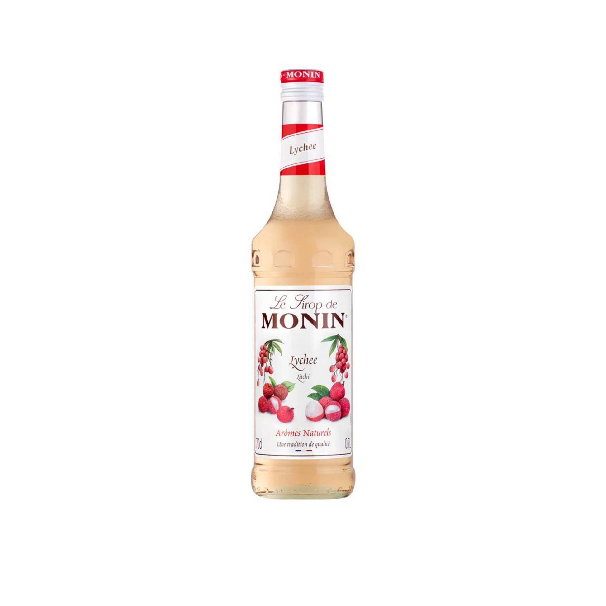 Monin Lychee Syrup – 70 ml mini bottle of delicately sweet and floral lychee-flavoured syrup; perfect for cocktails, mocktails, iced teas, and premium café beverages in wholesale settings