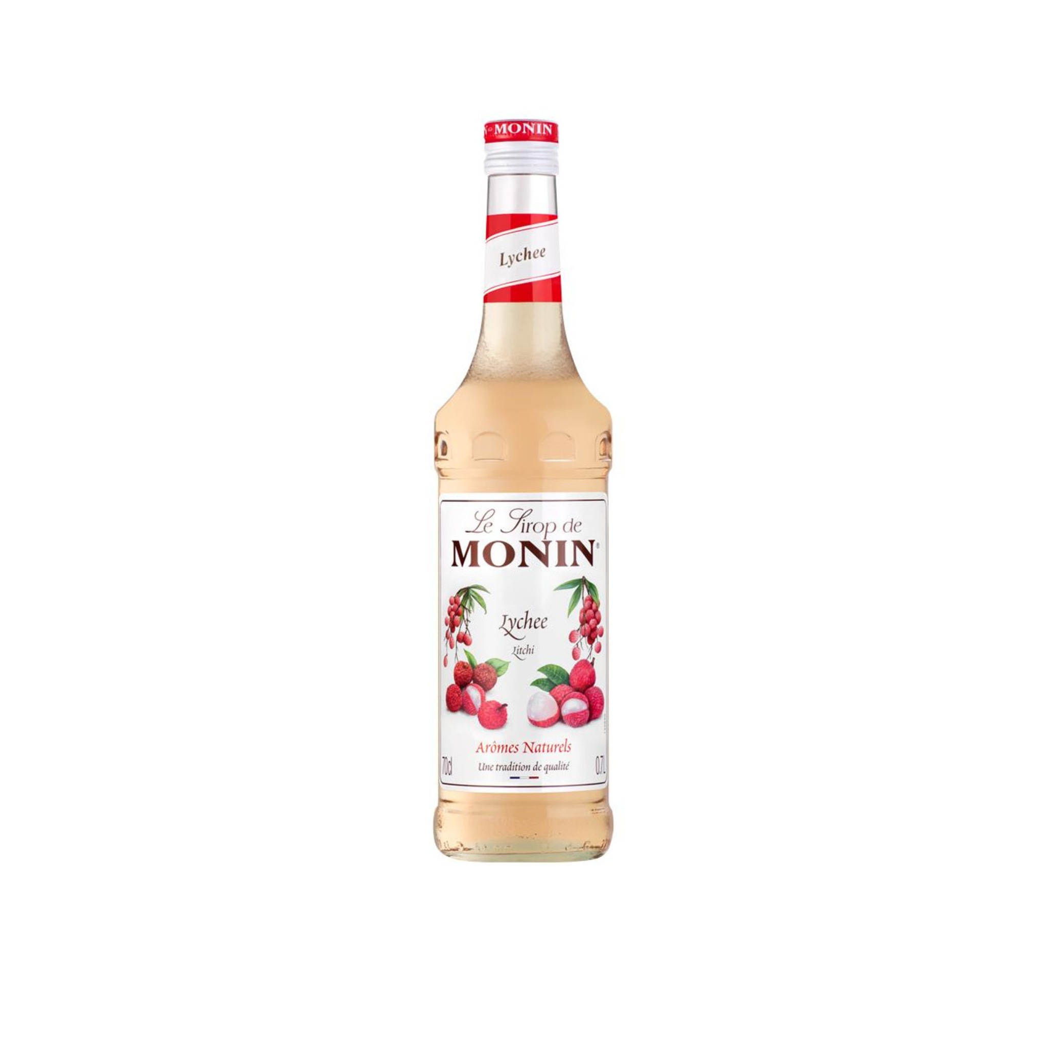 Monin Lychee Syrup – 70 ml mini bottle of delicately sweet and floral lychee-flavoured syrup; perfect for cocktails, mocktails, iced teas, and premium café beverages in wholesale settings