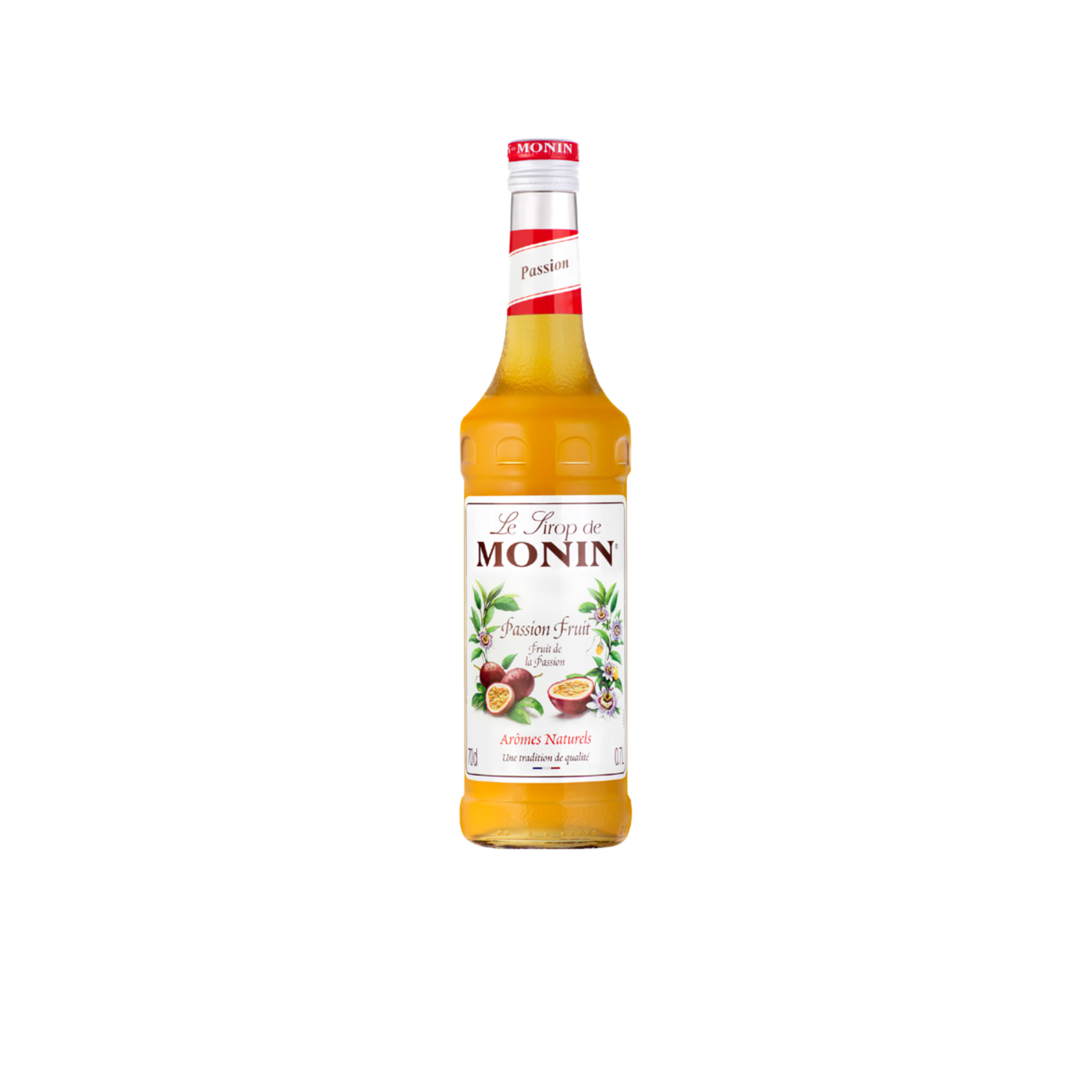 Monin Passion Fruit Syrup – 70 ml mini bottle of exotic and tangy syrup made with tropical passion fruit flavour; ideal for cocktails, iced teas, lemonades, and café-style drinks in wholesale settings