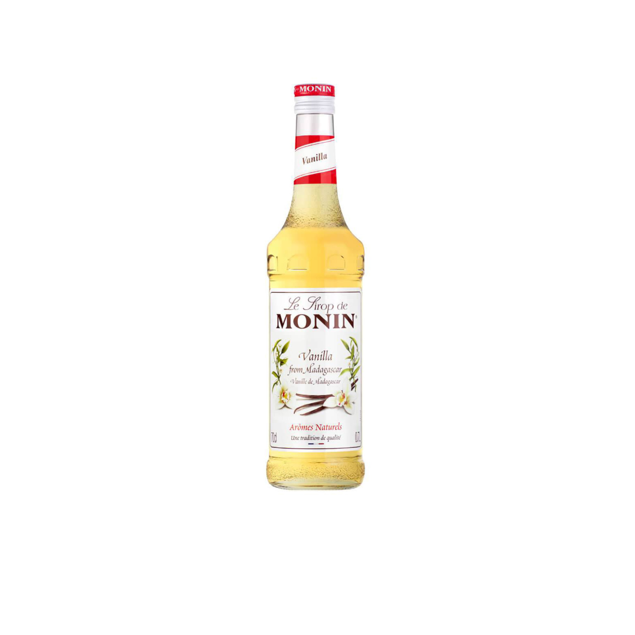 Monin Vanilla Syrup – 70 ml mini bottle of smooth and aromatic vanilla-flavoured syrup; perfect for enhancing coffees, lattes, cocktails, and desserts in cafés, bars, and wholesale beverage menus