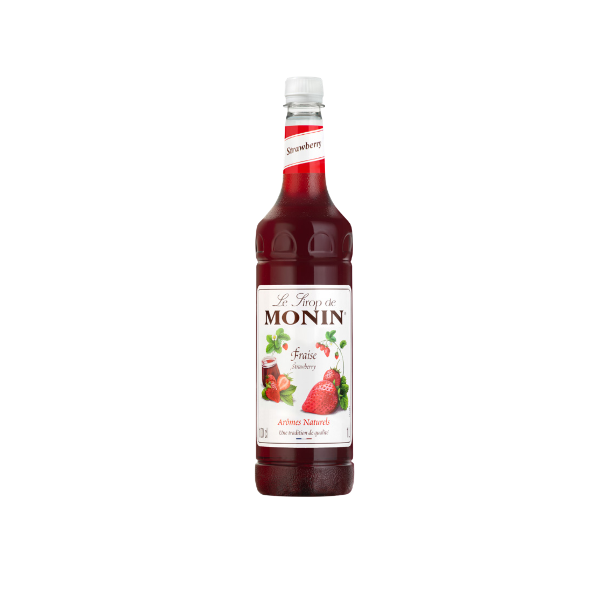 Monin Strawberry Syrup – 1 L bottle of sweet and fruity strawberry-flavoured syrup; ideal for flavouring lemonades, iced teas, milkshakes, cocktails, and café drinks in wholesale beverage service