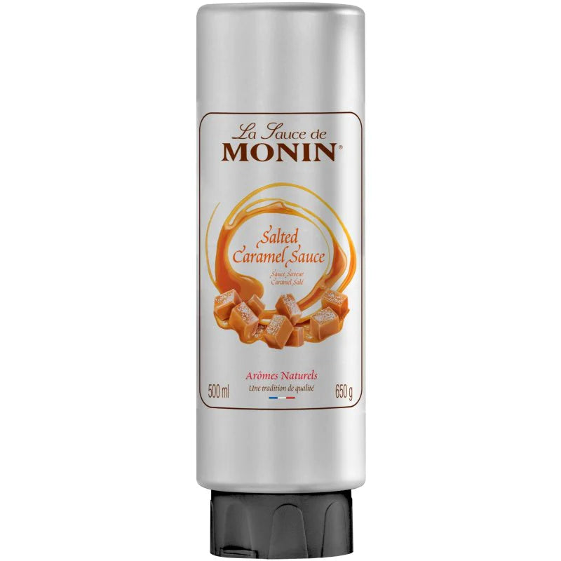 Monin Salted Caramel Sauce – 500 ml gourmet drizzle with a smooth, rich caramel-toffee flavor and a hint of sea salt, ideal for topping desserts, coffees, frappés, milkshakes, and pastries; perfect wholesale supply for cafés, bakeries, juice bars, and restaurants