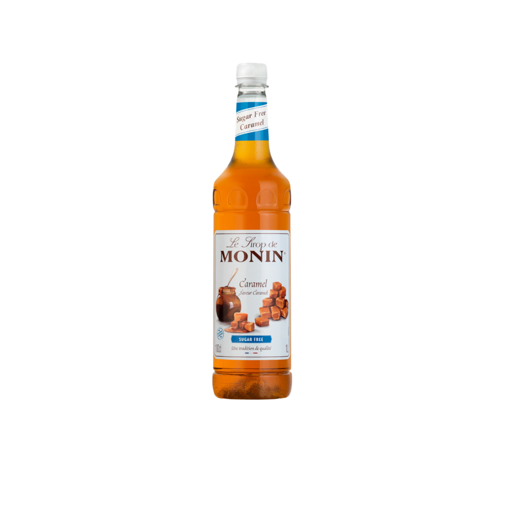 Monin Caramel Sugar Free Syrup – 1 L bottle of rich, buttery caramel flavour without added sugar; ideal for flavouring coffees, lattes, and low-calorie beverages in cafés, restaurants, and wholesale menus