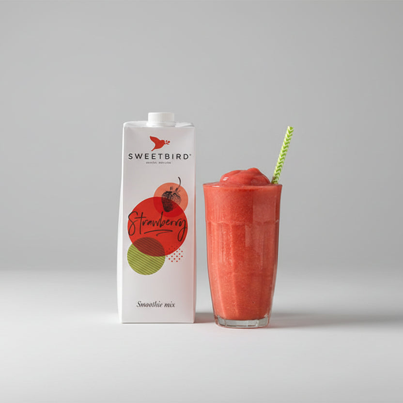 Sweetbird strawberry smoothie mix carton with a glass of red smoothie on a wooden surface.