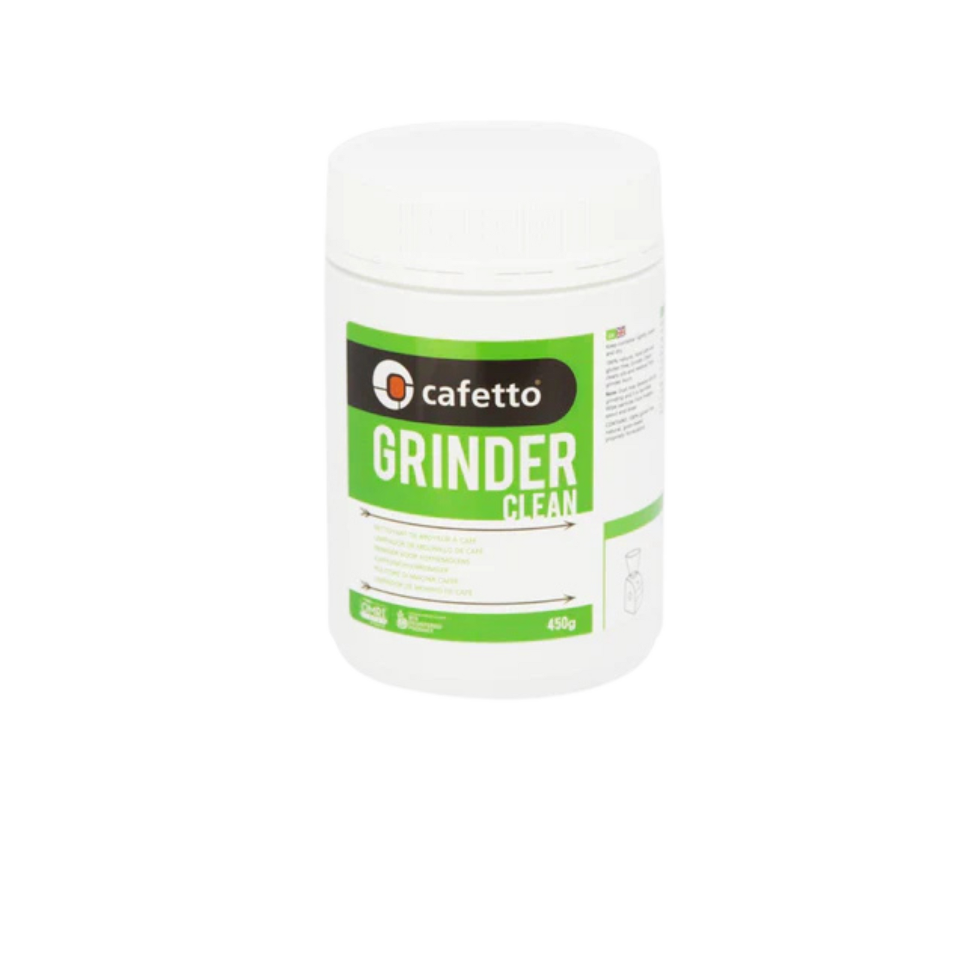Cafetto Grinder Clean – 450 g food-safe cleaning pellets designed to remove coffee residue and oils from grinder burrs and chambers; perfect for cafés, roasteries, and wholesale barista maintenance supplies