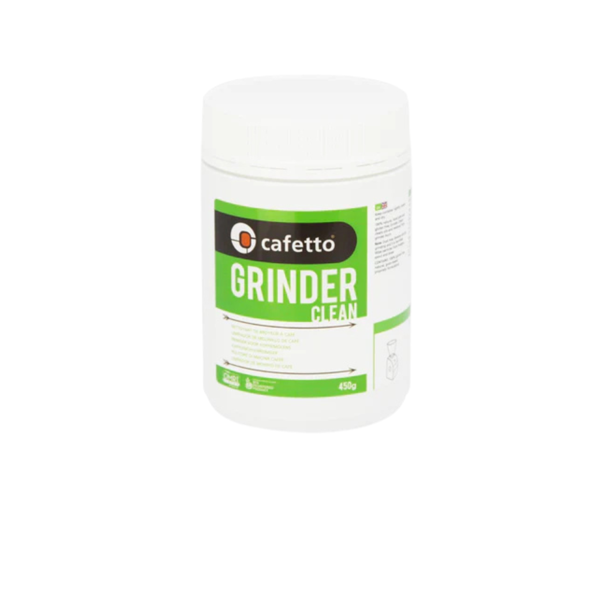 Cafetto Grinder Clean – 450 g food-safe cleaning pellets designed to remove coffee residue and oils from grinder burrs and chambers; perfect for cafés, roasteries, and wholesale barista maintenance supplies