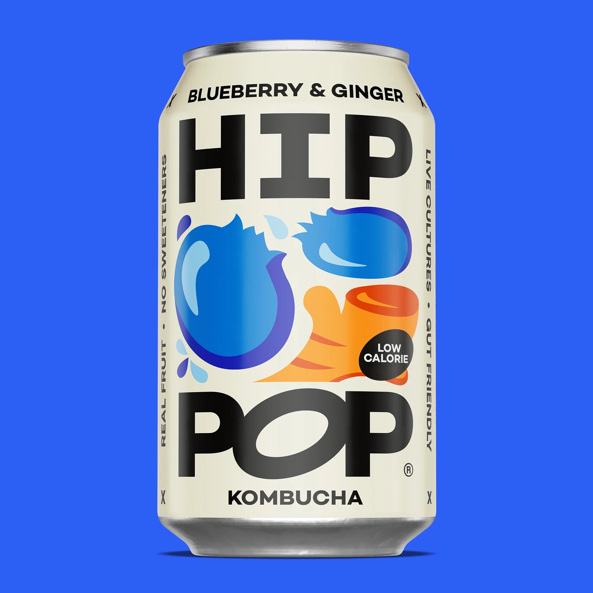 Hip Pop Blueberry Ginger Kombucha – pack of 12 × 330 ml cans featuring bold blueberry sweetness balanced with spicy ginger in a light, naturally sparkling fermented drink; perfect wholesale beverage option for cafés, juice bars, and retailers