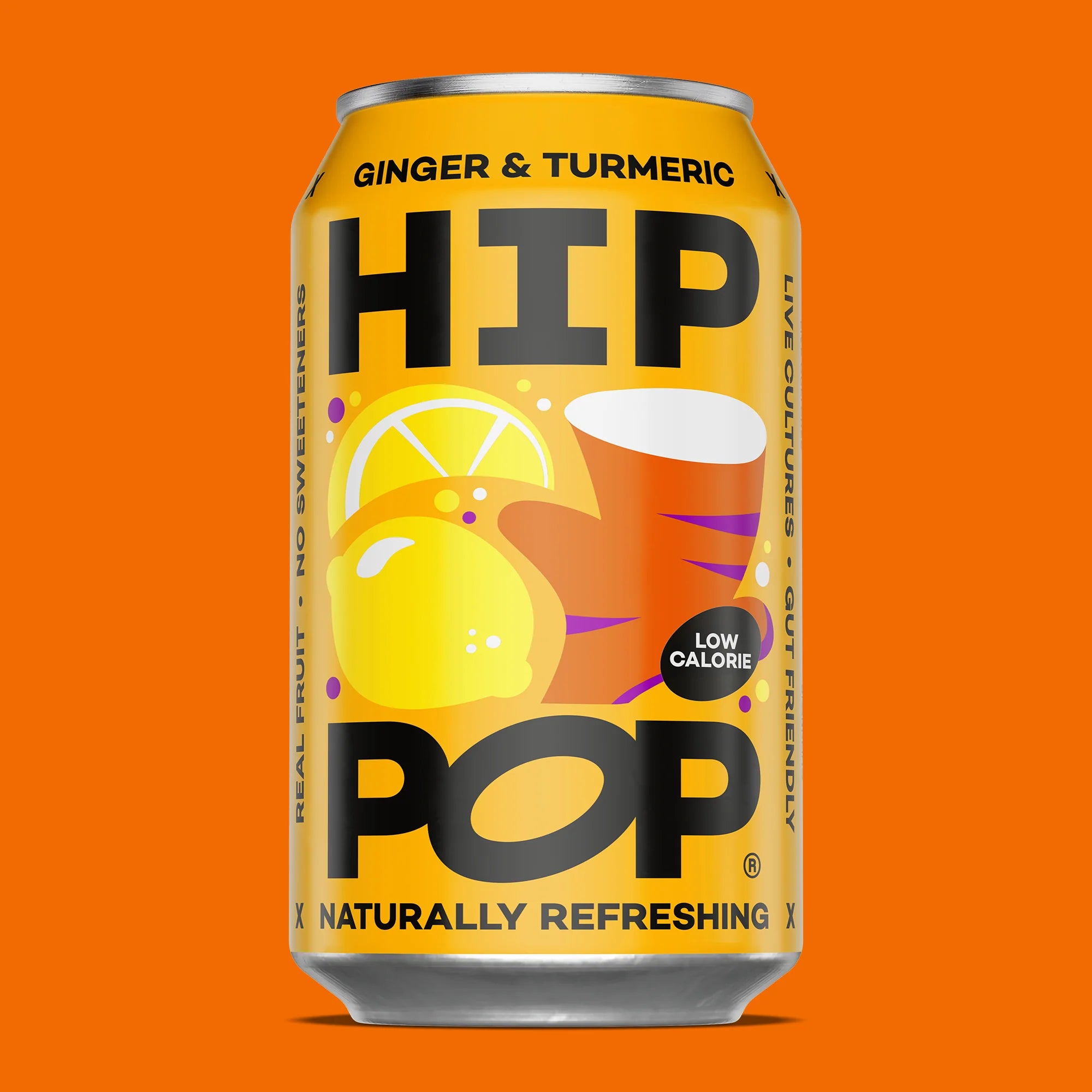 Hip Pop Ginger Turmeric Soda – pack of 12 × 330 ml cans featuring spicy ginger and earthy turmeric flavors in a sparkling soda, ideal wholesale beverage supply for cafés, restaurants, and retailers