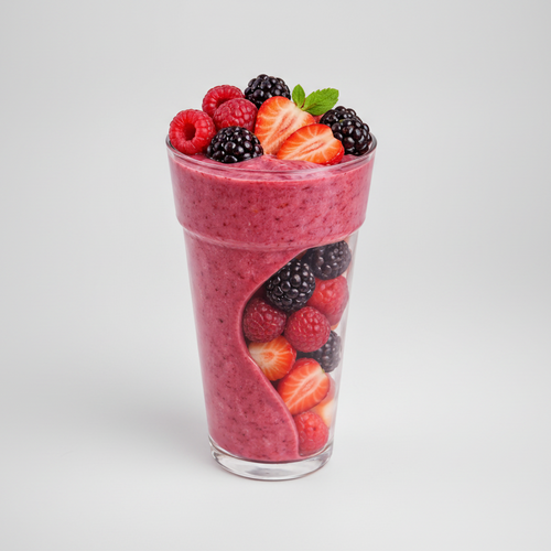Glass of pink smoothie with berries on a white background